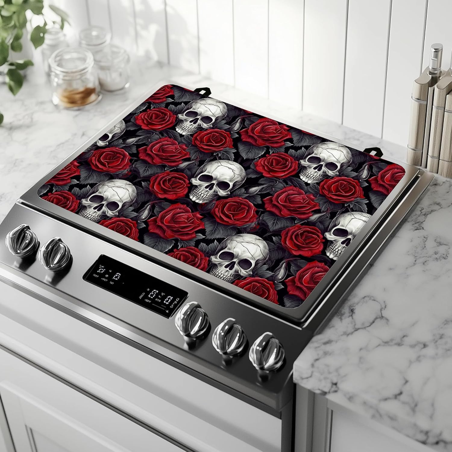 Electric Stove Top Cover Protector,Skulls Red Roses Heat Resistant Glass Top Stove Oven Induction Cooktop Mat with Rubber for Kitchen Top Covers 28.5'' x 20.5''