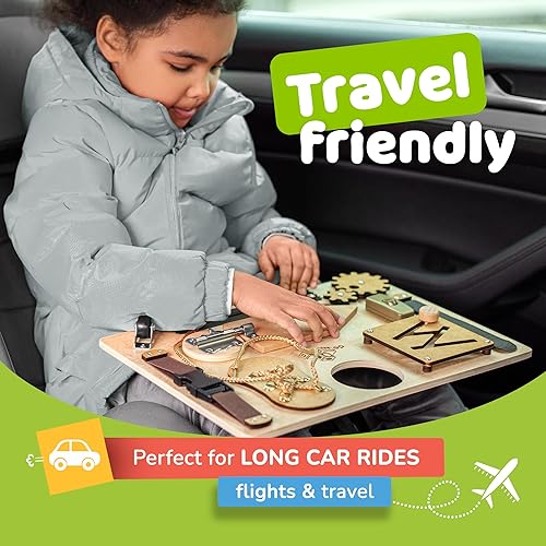 Vista 30 de deMoca Tabla sensorial de actividades para niños pequeños, tablero de madera de primera calidad para niños de 1, 2, 3 años con 10 actividades