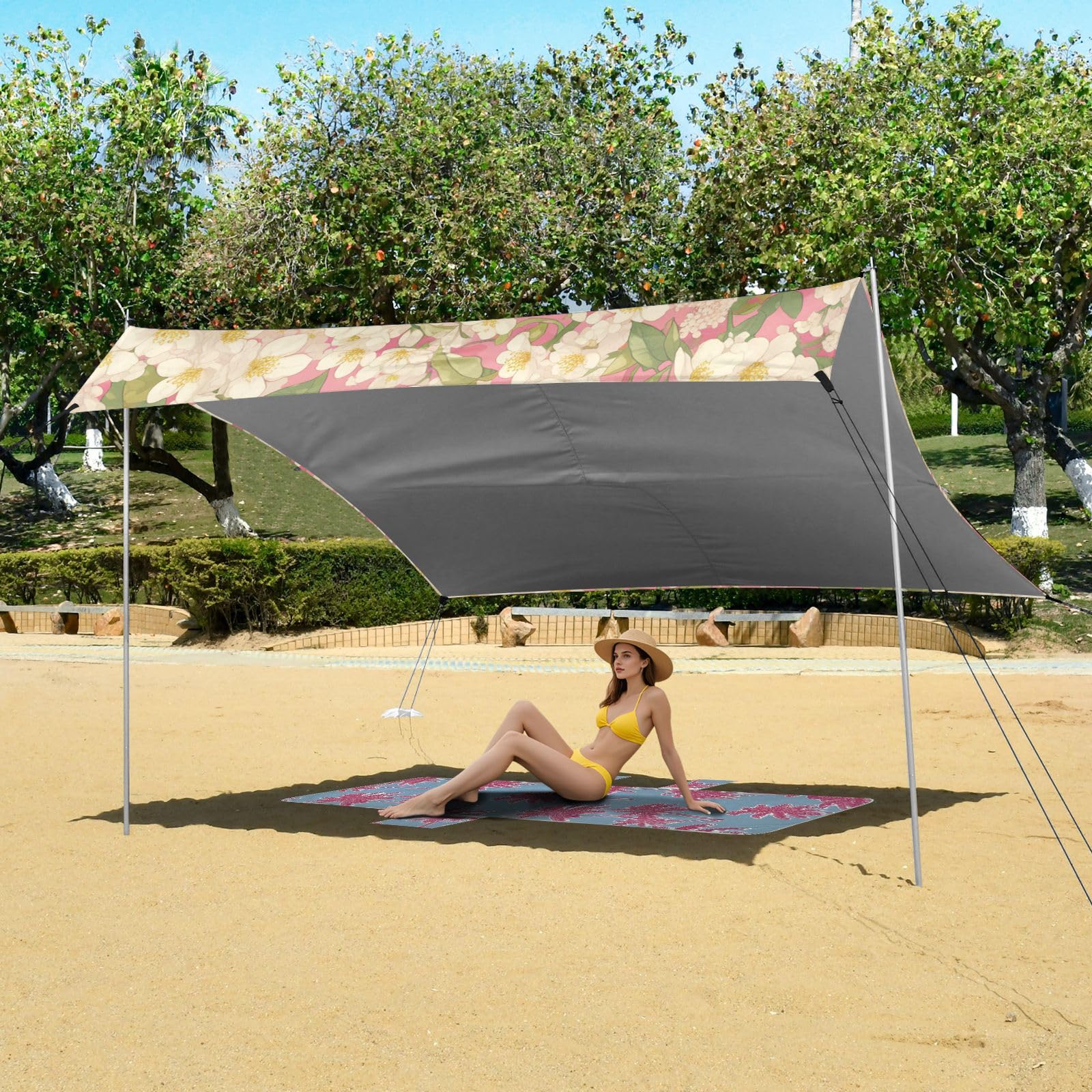 Tenda da spiaggia bianca floreale rosa e baldacchino UPF50 leggera e portatile con pala per sabbia, sacchi di sabbia per cortile, prato, parco
