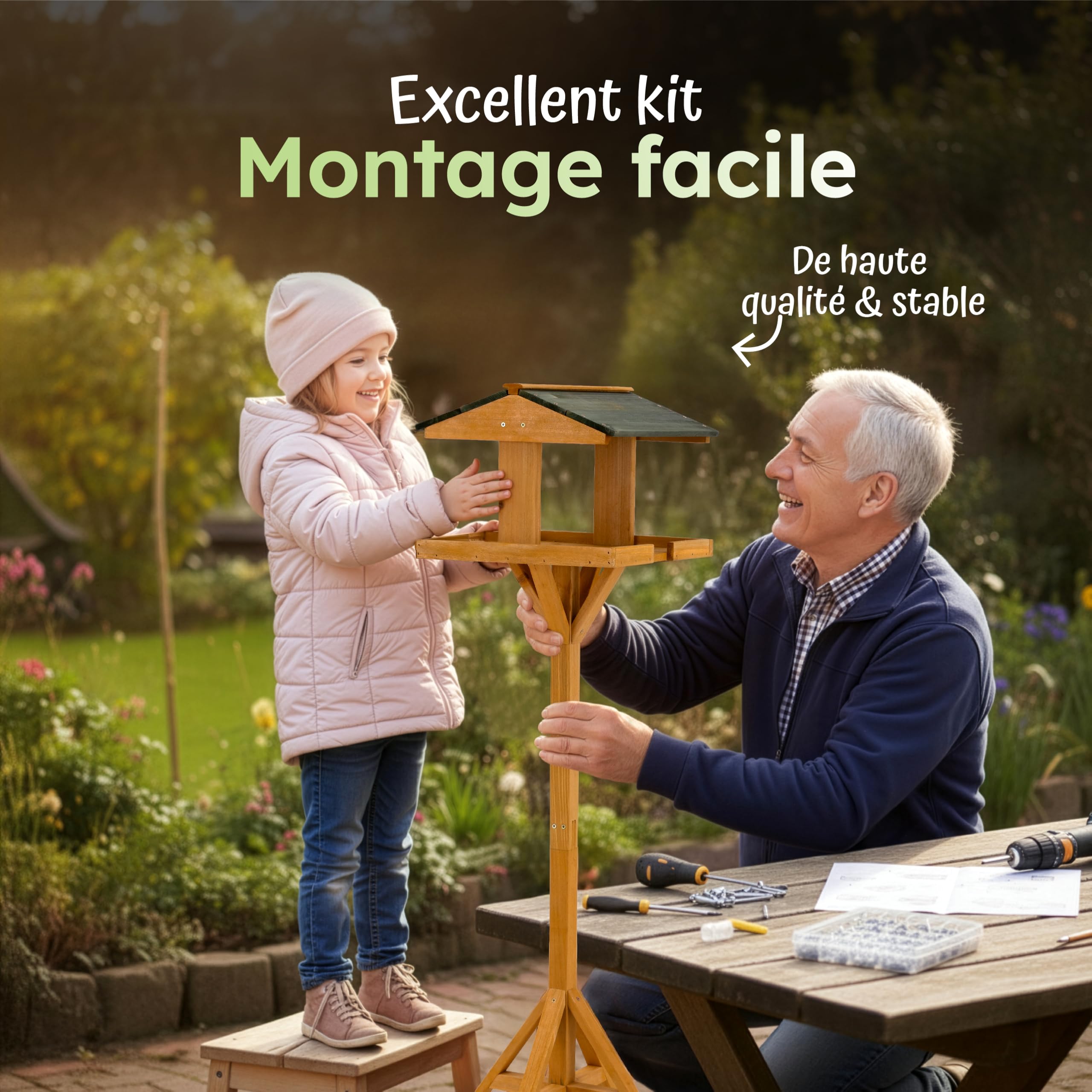 Moorland Nichoir Mangeoire Oiseaux Exterieur sur Pied 116 cm avec Toit – Grande Mangeoire Cabane Oiseaux en Bois de Sapin pour Jardin Balcon Terrasse – Résistant aux Intempéries Toute l'Année – VH5