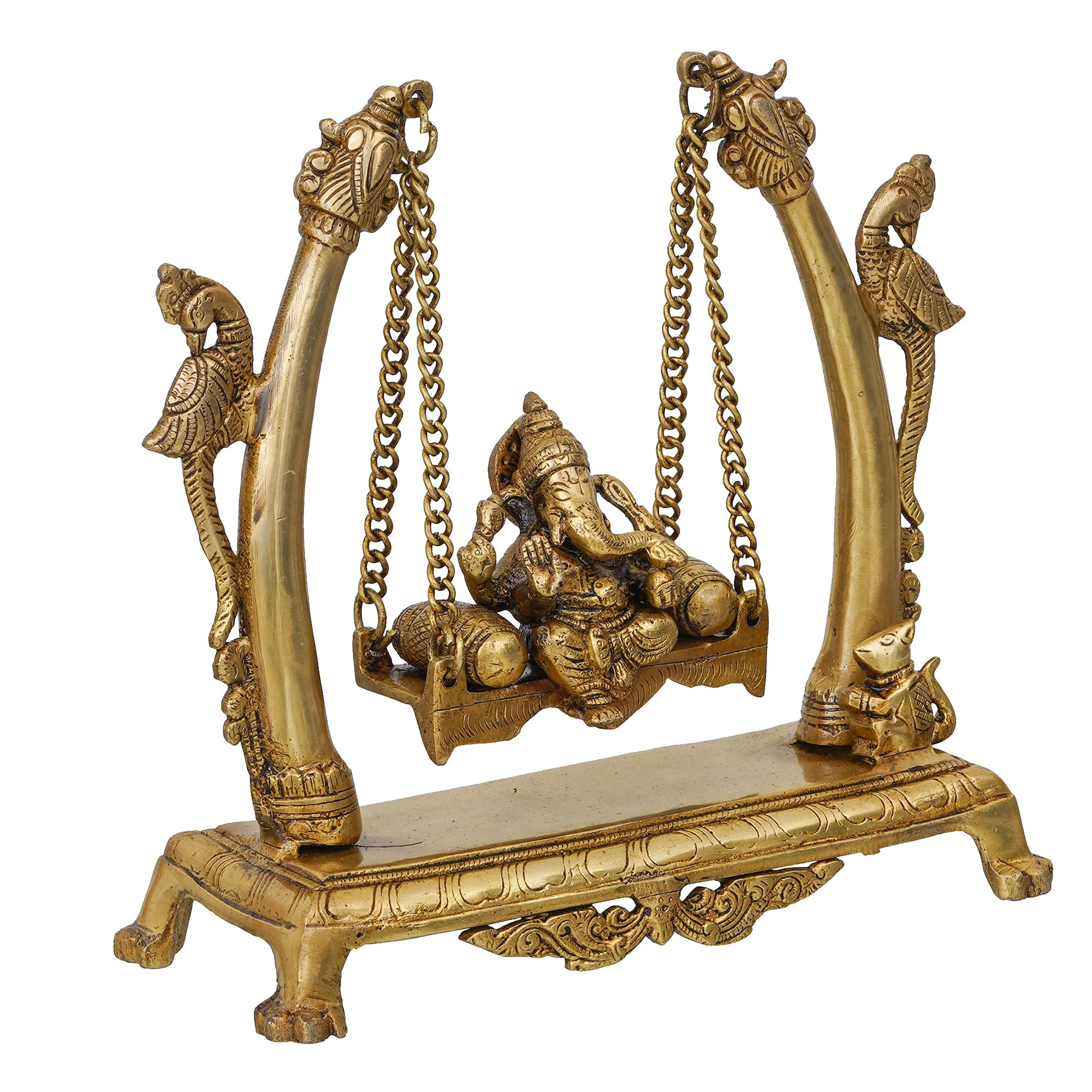 eCraftIndia Idole de Ganesh en laiton doré assise sur une balançoire de paon | Idole du Seigneur Ganesha pour décoration d'intérieur | Statue de Ganesh | Ganesh Ganpati Murti Cadeau pour Diwali
