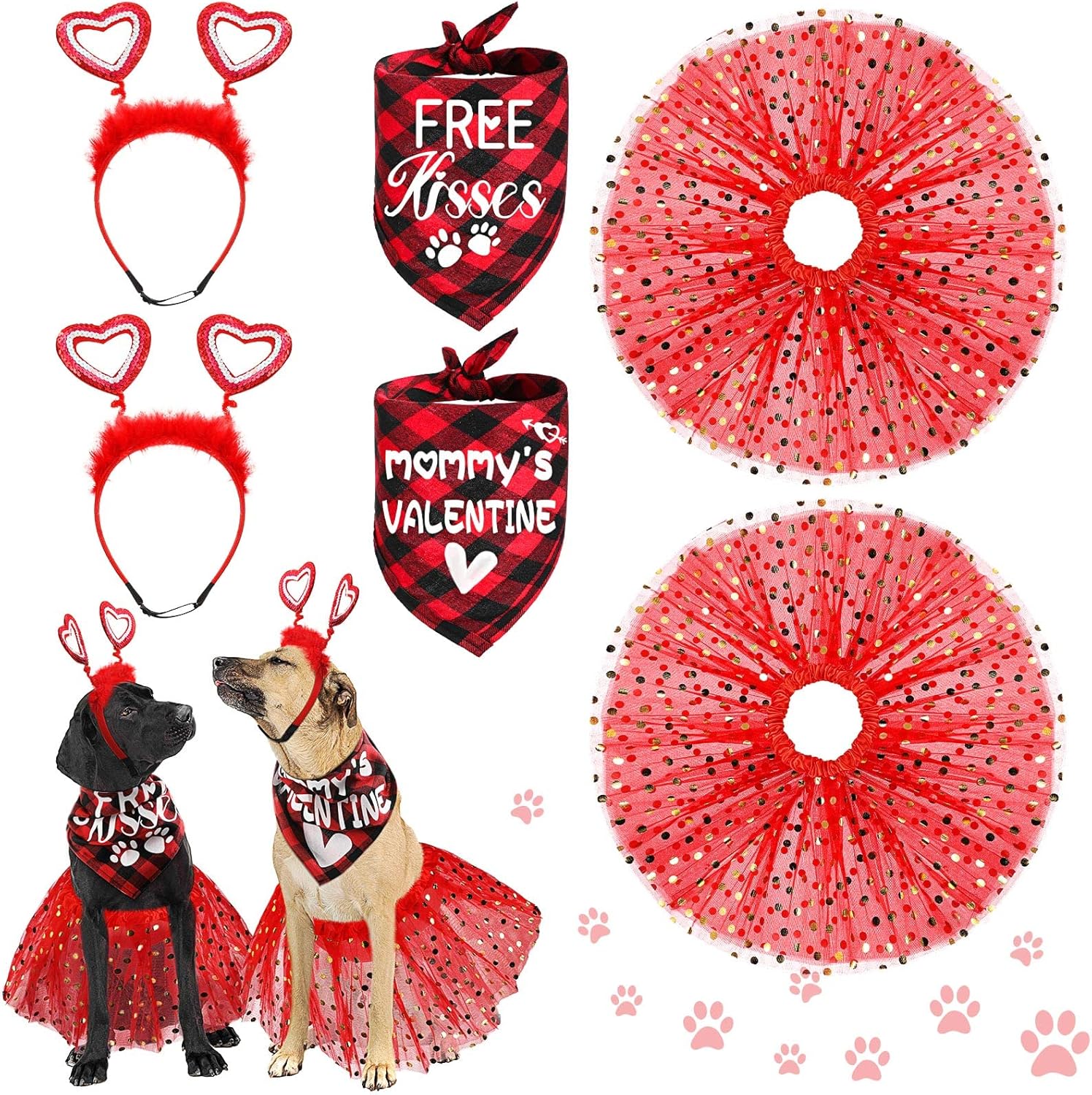 Set de Disfraz para Perro 6 Piezas - Rojo Corazón, Plaid, Tutú