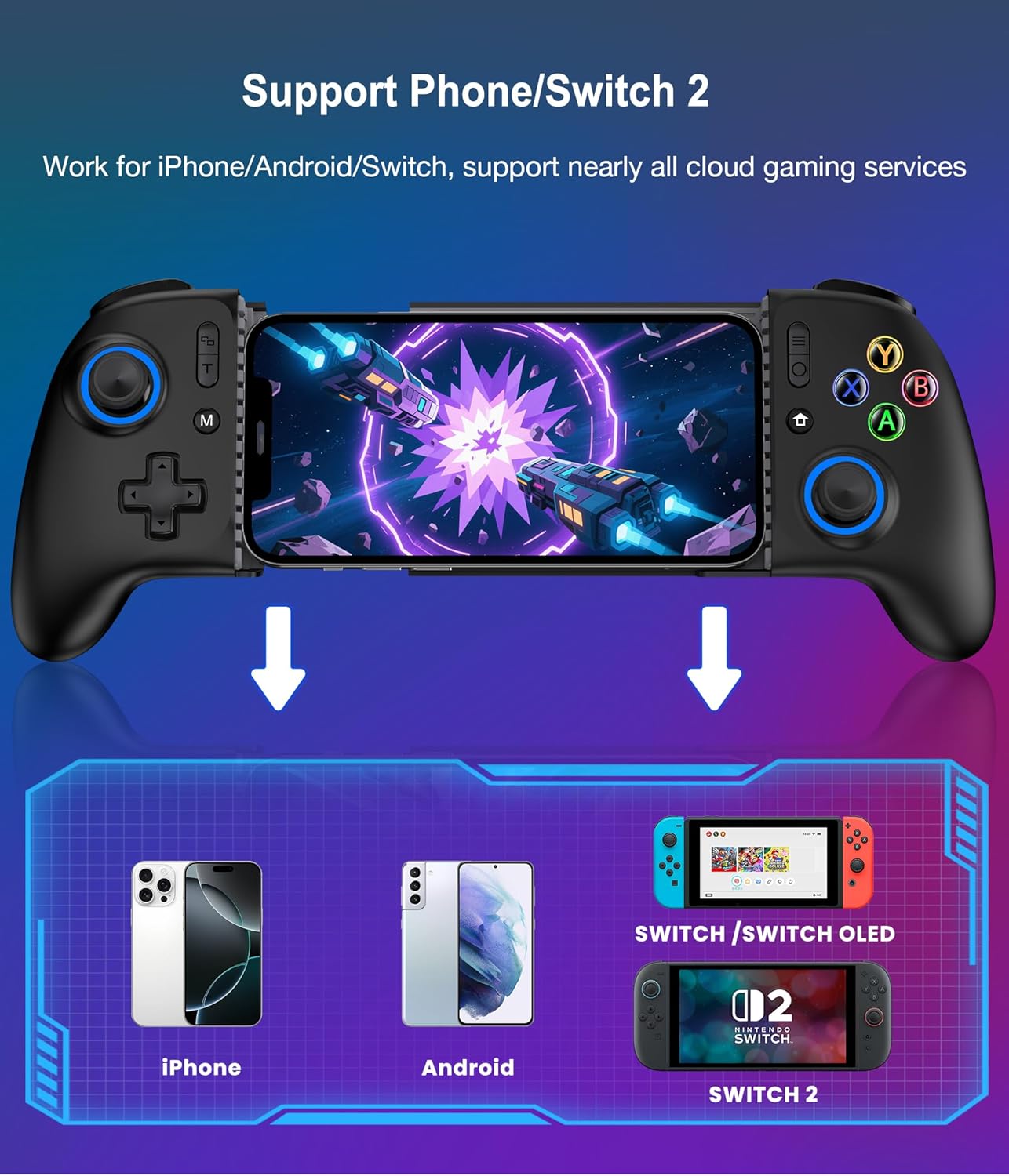 LIFUFUTEE Mobile Gaming Controller for iPhone/Android, Wireless Phone Controller with Hall Joysticks/Triggers, Mobile Controller Support Phone Case for Xbox Game Pass, Steam Link & More, Black