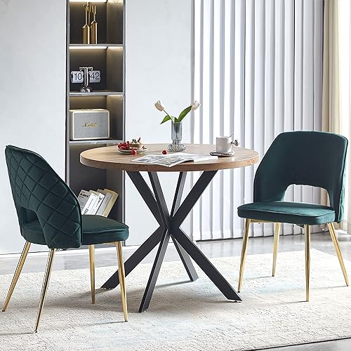 Miniatura 7 de NORDICANA Juego de 2 sillas de comedor modernas, tapizadas de tela de terciopelo verde bosque con patas de metal dorado, sillas laterales redondas