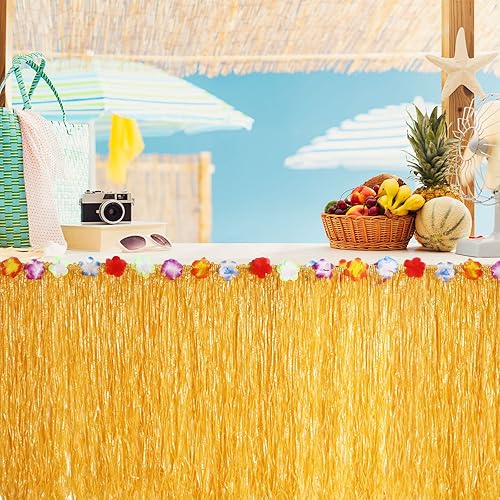 Miniatura 4 de Juexica Luau - Paquete de 12 faldas de mesa de hierba hawaiana de 9 x 30 pulgadas de hierba hawaiana de flores de hibisco, faldas hula para