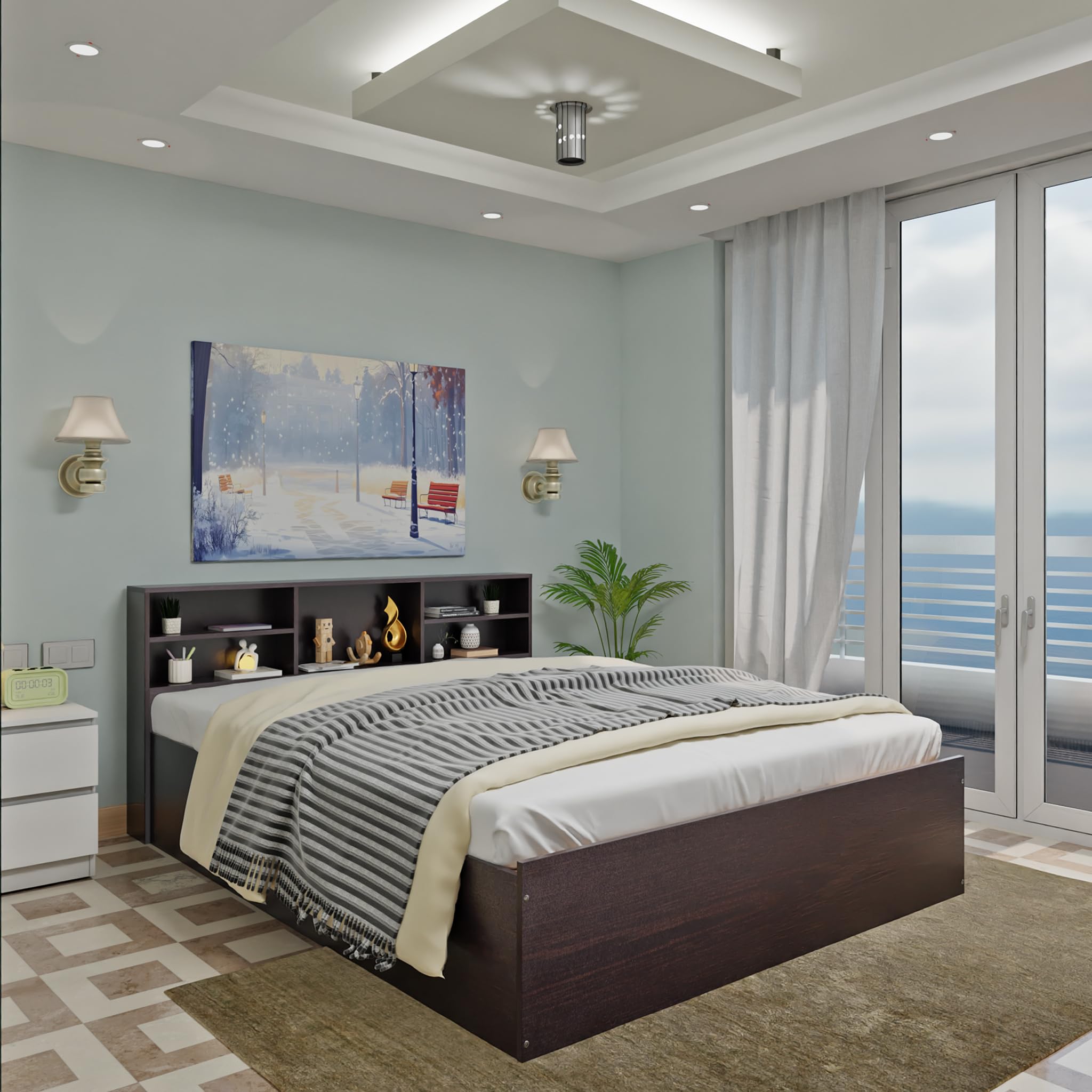 VIKI | Kyoto Engineered Wood Bed with Shelves Storage, Bedroom Bed | Queen(78x60) | Flowery Wenge, 1 Yr Warranty | Free Assembly-image-48