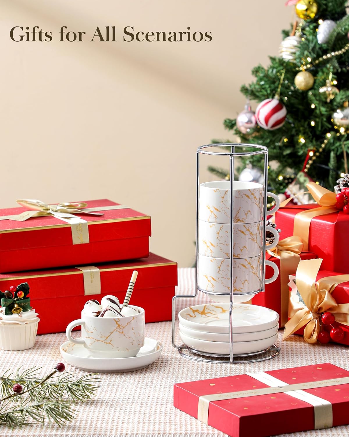 MALACASA 8 OZ Porcelain Espresso Cups with Saucers and Metal Stand Set of 4, Stackable Cappuccino Cups, Marble White Expresso Shots Cup Set for Coffee Drinks, Latte, Tea - Image 9