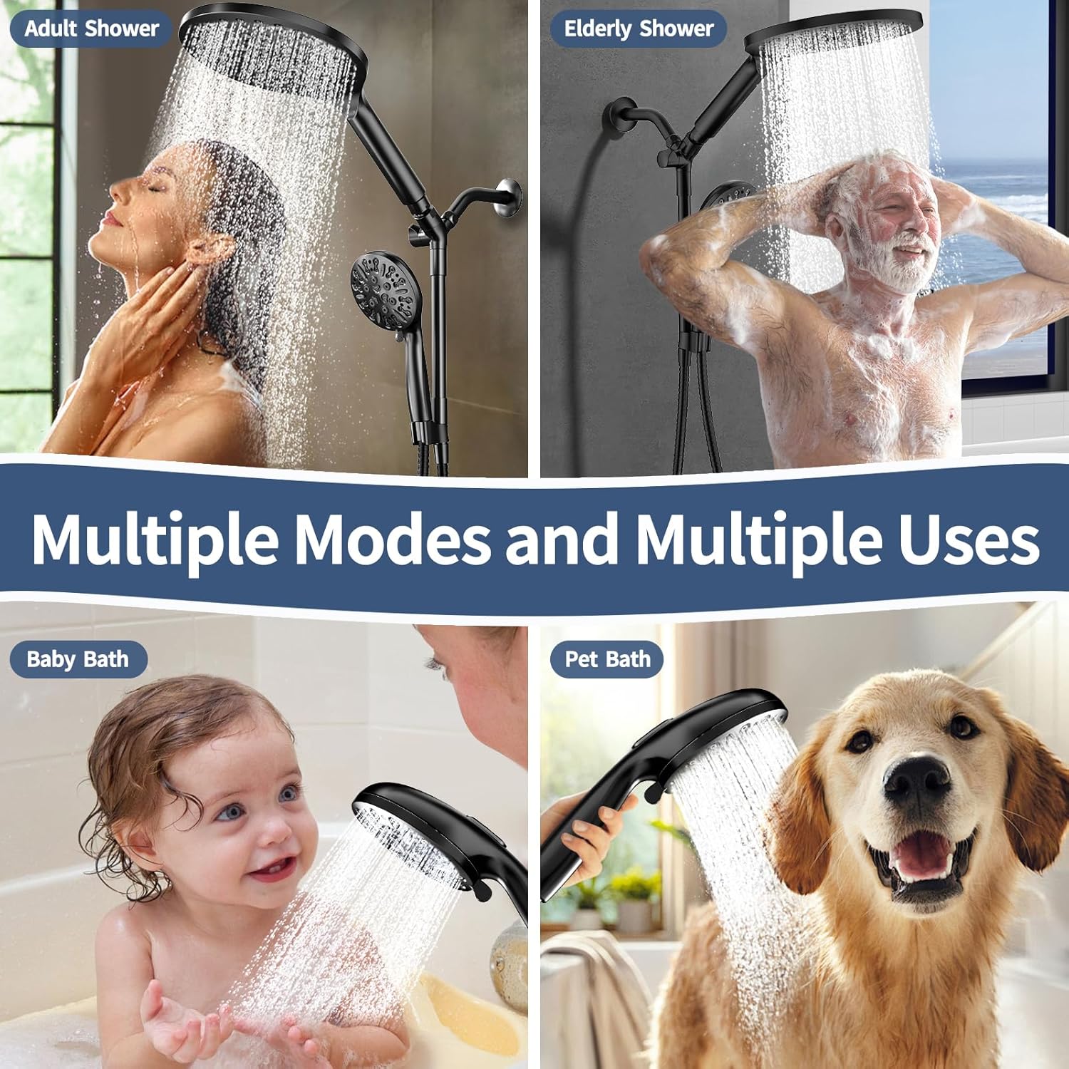 KAIYING Dual Shower Heads with Handheld Spray Combo, High Pressure Modern Rain Shower Head with 9-Mode Handheld Showerhead, Double Rainfall Shower Head with 79-Inch Stainless Steel Hose (Matte Black)