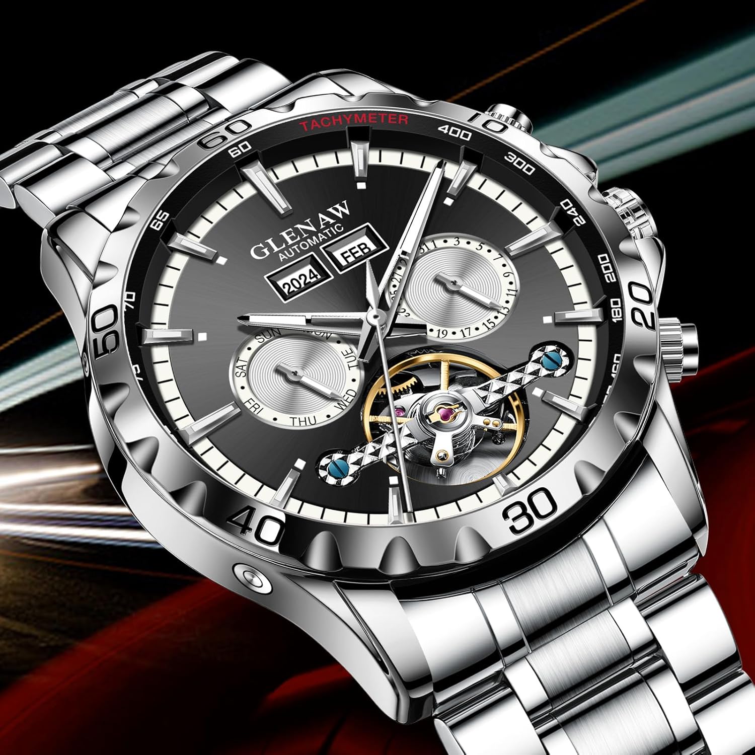 Mens Automatic Mechanical Watches Skeleton Tourbillon Day Date Luxury Self Winding Dress Wrist Watches Luminous - Image 2