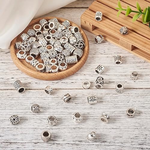 Miniatura 6 de Beadthoven - 100 cuentas de aleación de plata tibetana de 20 estilos, cuentas de agujero grande, cuentas de tubo de plata antigua, cuentas de barril