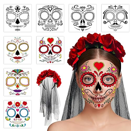 Tatuajes faciales de Halloween, Día de los Muertos, tatuajes temporales para mujeres, calcomanías de tatuaje de calavera de azúcar de Halloween con