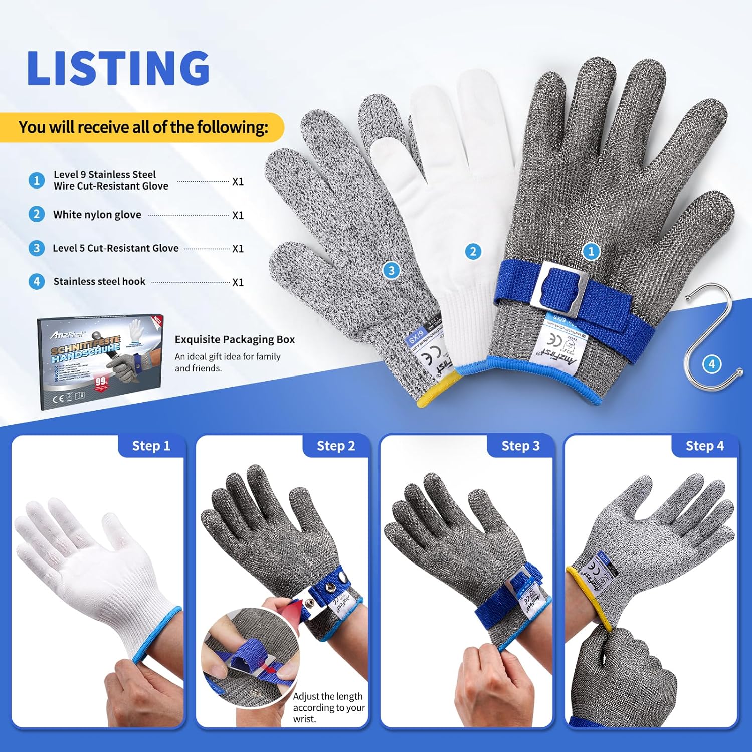 Cut Resistant Gloves Food Grade & Stainless Steel Mesh for Oyster Shucking Butcher Work Kitchen Meat and Fish Slicing Lightweight Breathable Anti-Cut Gloves(2 Pcs -Size: 9/Large)