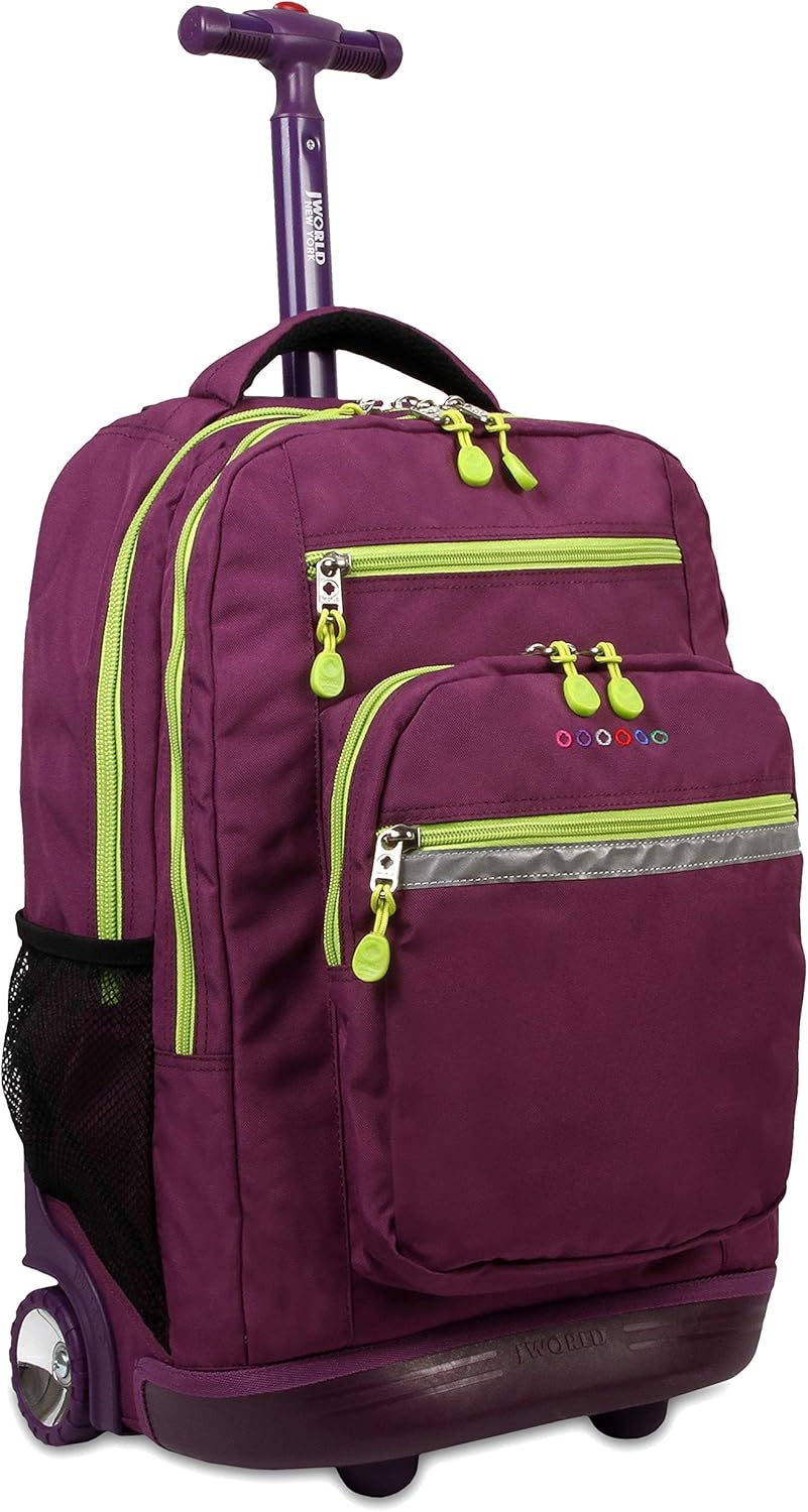 J World New York Sundance Rolling Backpack Girl Boy Roller Bookbag, Purple, One Size