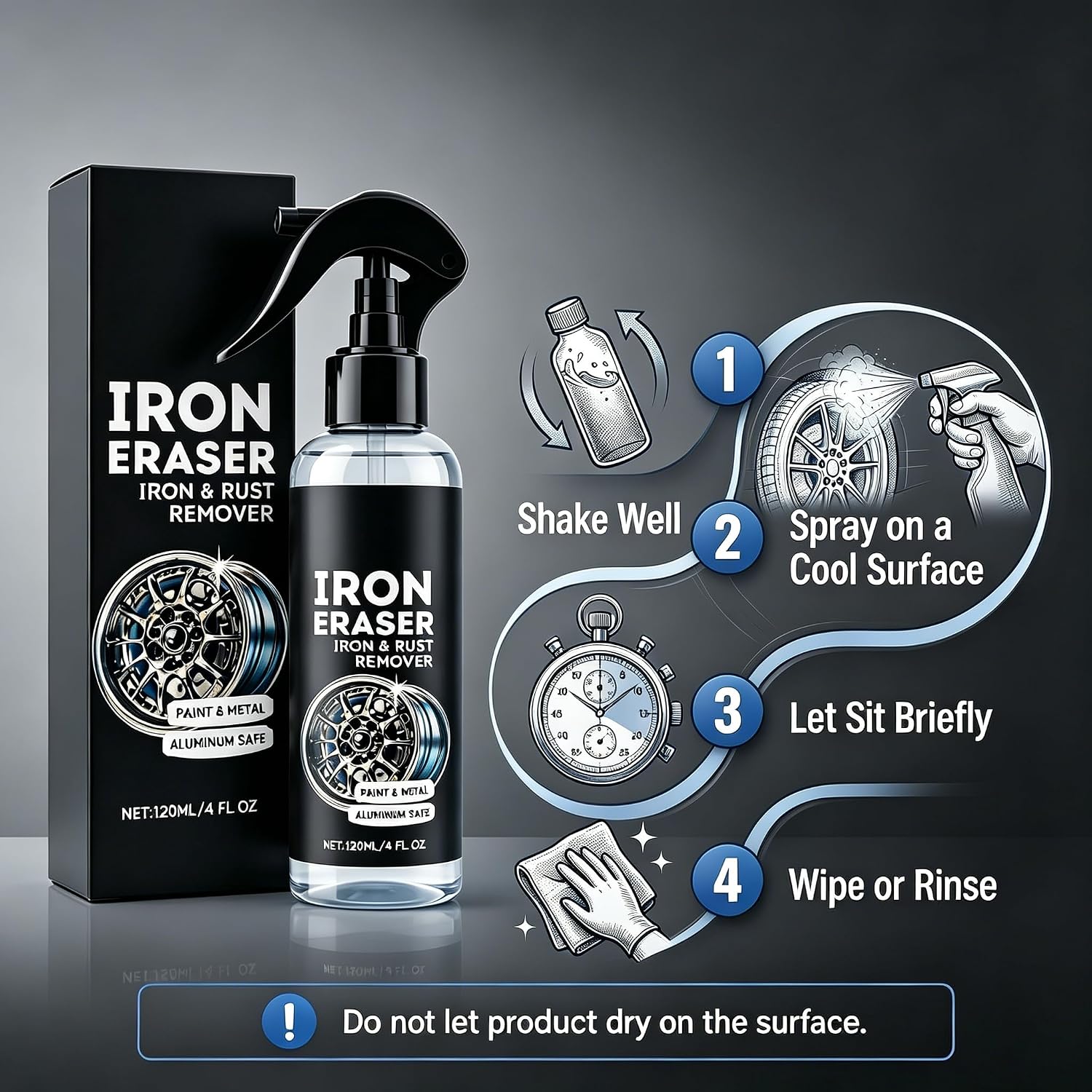Iron Eraser Iron and Rust Remover Spray, Fast Acting Brake Dust and Rust Remover for Car Wheels and Paint, Iron Powder Remover, Professional Automotive Surface Detailing
