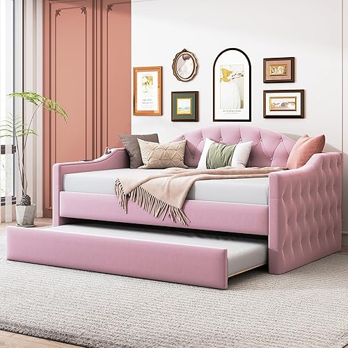 Merax Twin Size Daybed with Trundle, Twin Tufted Upholstered Daybed, Velvet Sofa Bed with USB & Type-C Charging Ports, No Box Spring Needed, Pink
