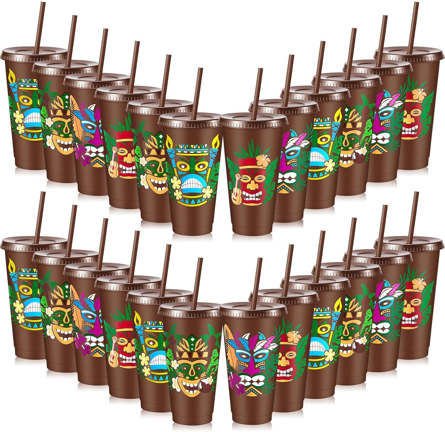 Uiifan 24 Pcs Cups 24oz Reusable Tumbler with Lid and Straw Party Decorations Birthday Party Favors (Tiki)