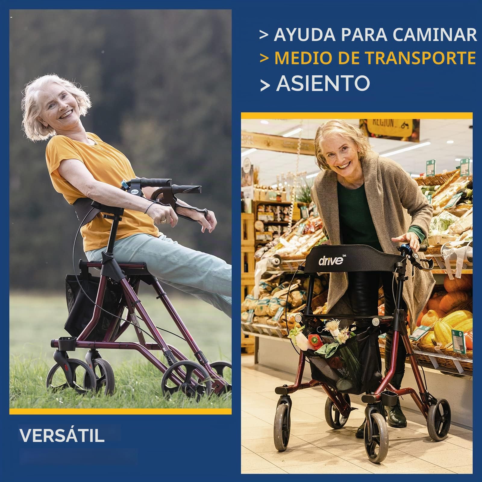 Drive Medical Andador Torro en rojo para uso interior y exterior, andador estable con asiento y respaldo, con cesta y soporte para bastón, estructura de aluminio de 6,9 kg, soporta hasta 150 kg