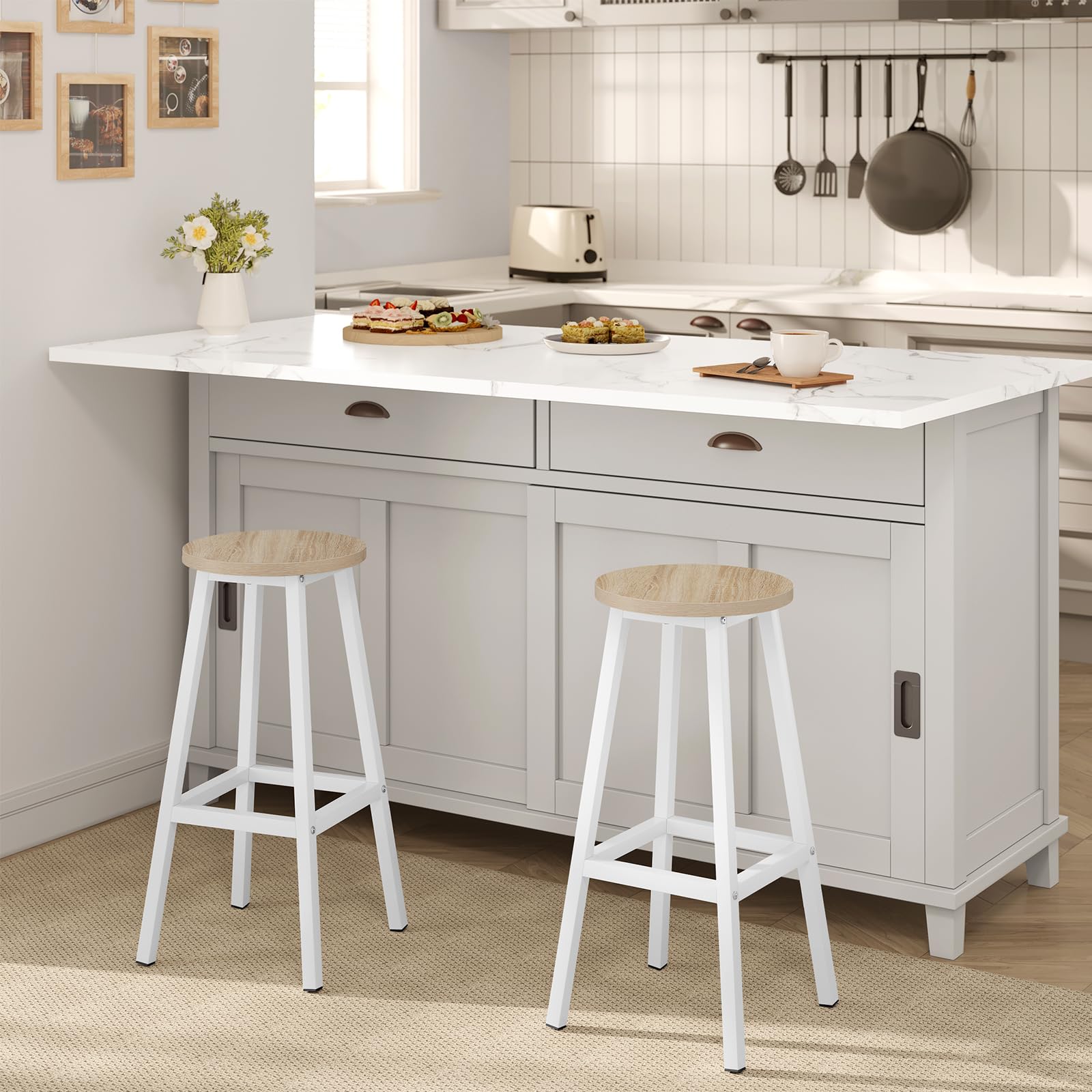 Sgabello da Bar Set di 2, Sgabello da Cucina con Poggiapiedi, Sgabello Alto in Stile Moderno/Industriale per Bar, Caffè, Isola della Cucina, Legno chiaro