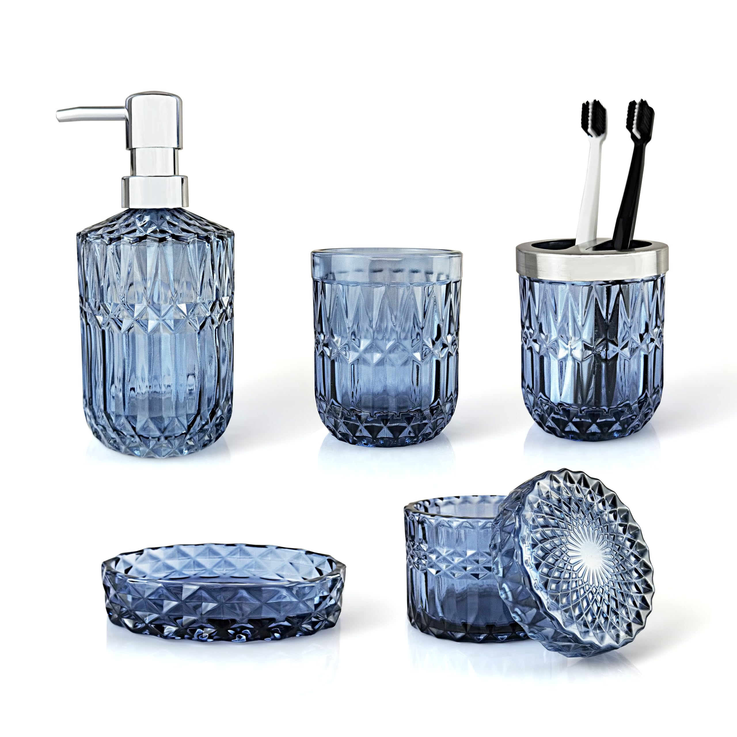 LaMarriti Blue Bathroom Accessories Set, 5Pcs Clear Glass
