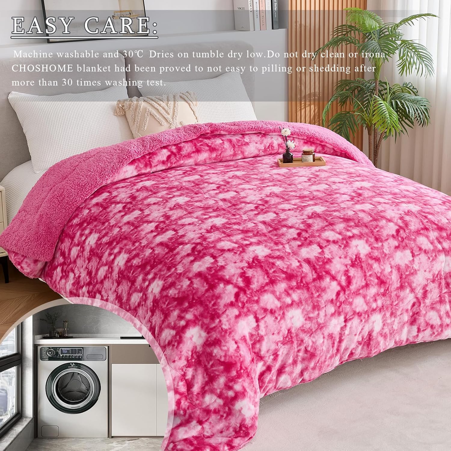 CHOSHOME Sherpa Fleece Blanket- Thick Warm Blanket for Winter, Soft Fuzzy Plush Blanket for Bed, Couch, Travel (Tie Dye Pink, Cal King 96" x 102") - Image 6