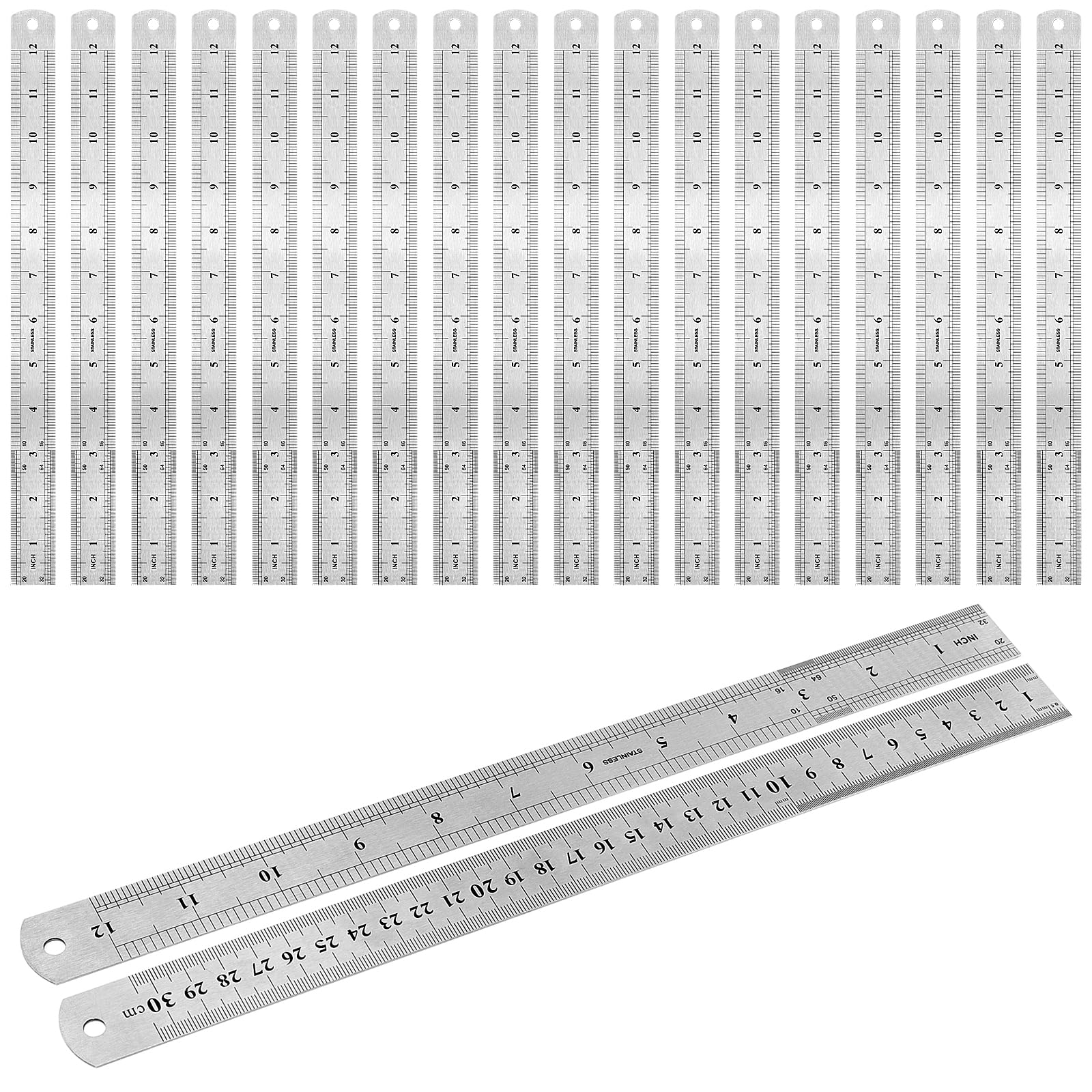 MAKTSAM 20PCS 12 Inch/30 cm Stainless Steel Rulers Bulk, Straight Edge Metric Metal Rulers with Hanging Hole for Drawing Measuring