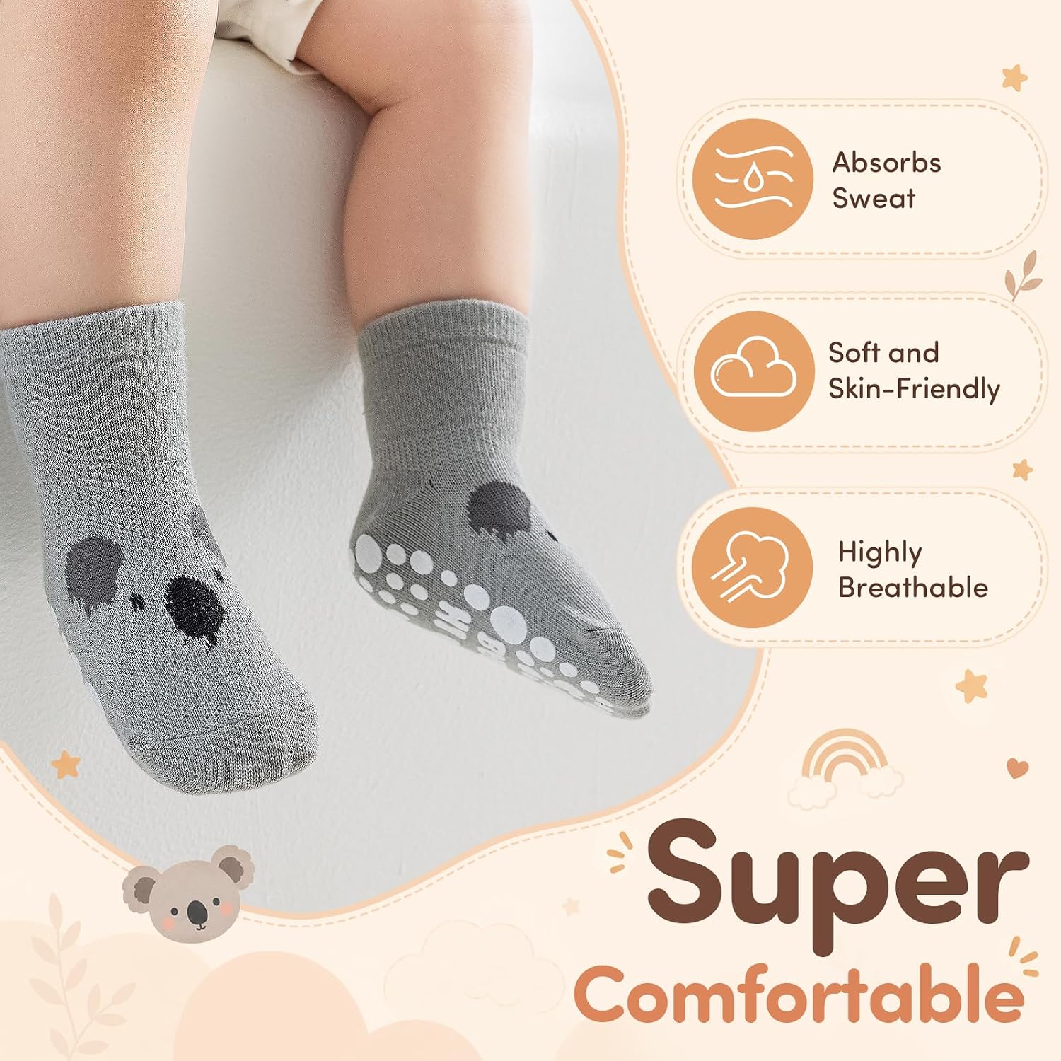 Toddler Socks with Grips, 5 Pairs Baby Grip Socks for Girls Boys, Cotton Blend Crew Socks for Crawling & Walking