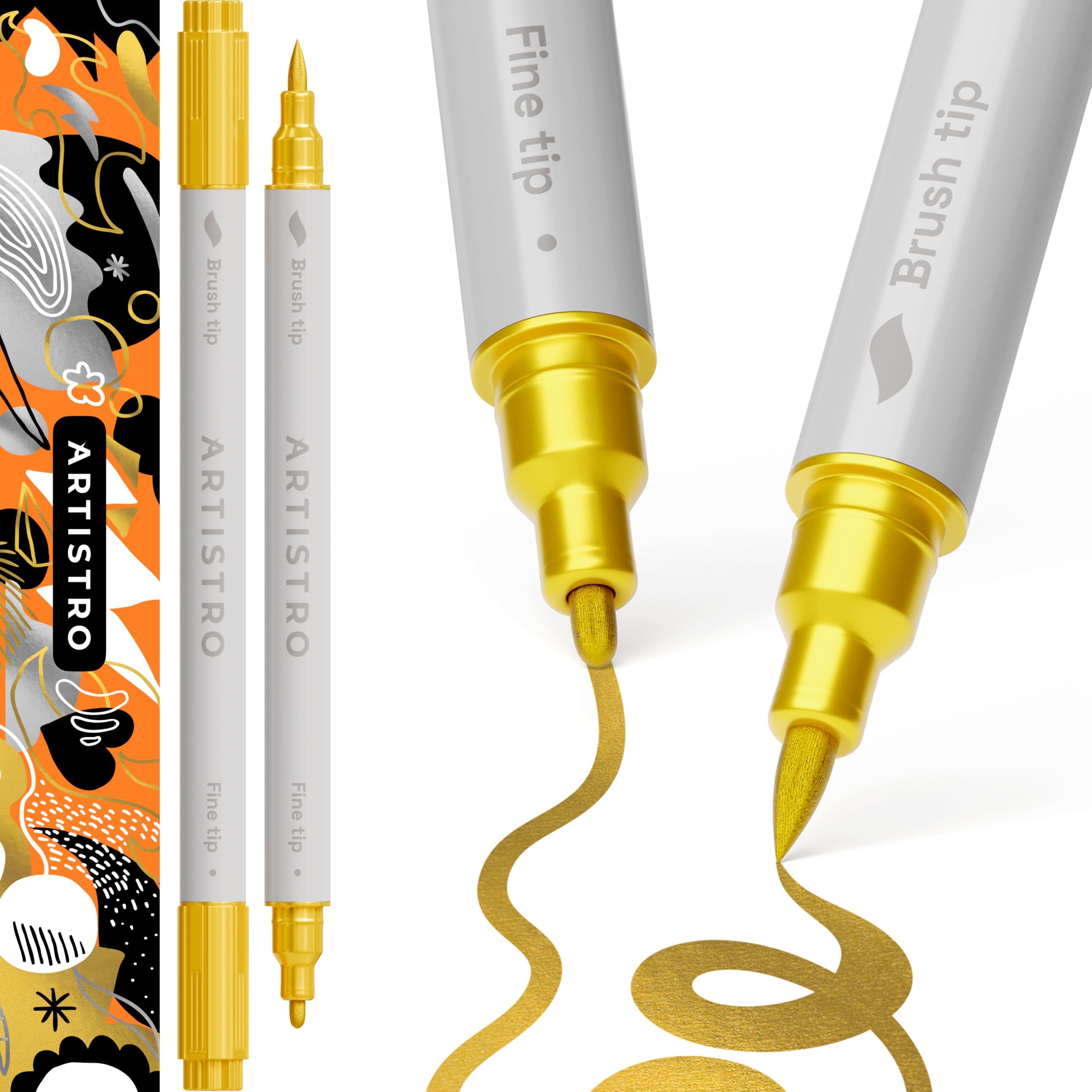ARTISTRO 2 Gold Acrylic Paint Pens, Acrylic Paint Markers Dual Tip (Brush + Fine 1 mm), Acrylic Markers for Fabric, Canvas, Rock, Glass, Wood, Paper, DYI, Paint Markers for Kids and Adults