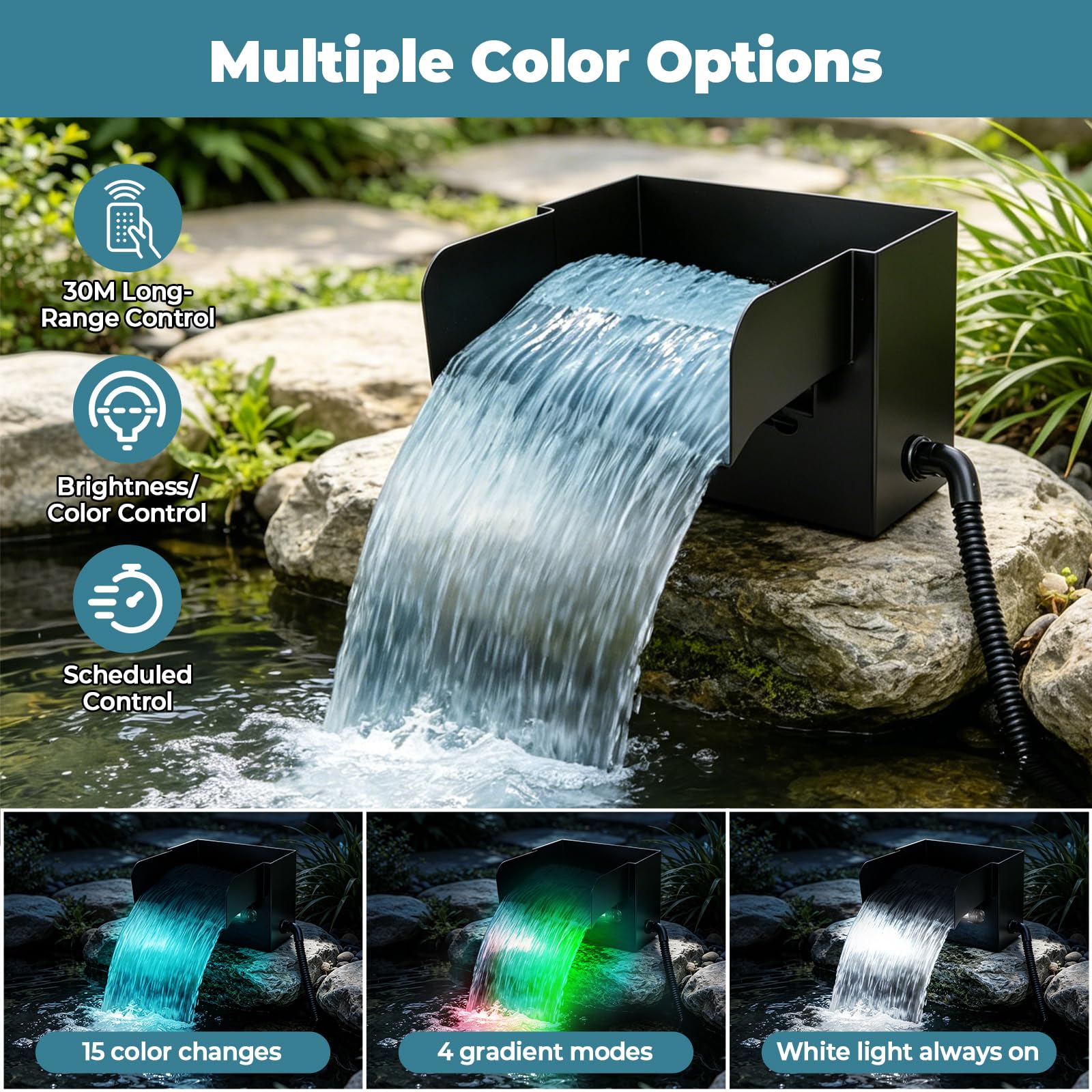 Teichwasserfall Überlauf für Gartenteiche, 20 cm Edelstahl Überlauf Teichbrunnen-Set mit 45W 3000L/H Pumpe für Teich, Pool, Garten, Terrassendekoration