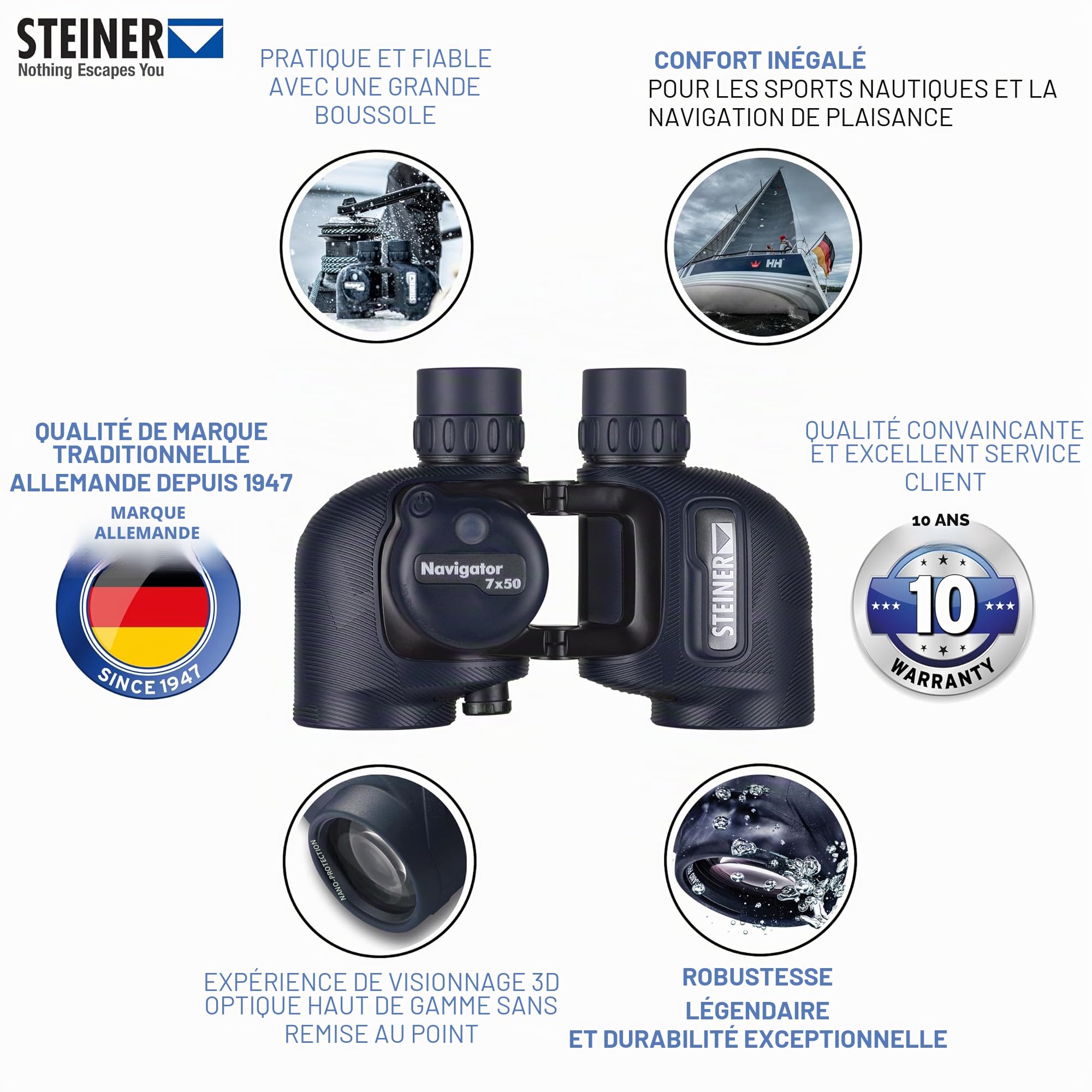 STEINER Jumelles Marine Navigator 7x50c - Boussole stabilisée HD, Optique de qualité Allemande, Pont Ouvert, étanche 5m, Faite pour Les Amateurs de Sports Nautiques et Les Marins Amateurs