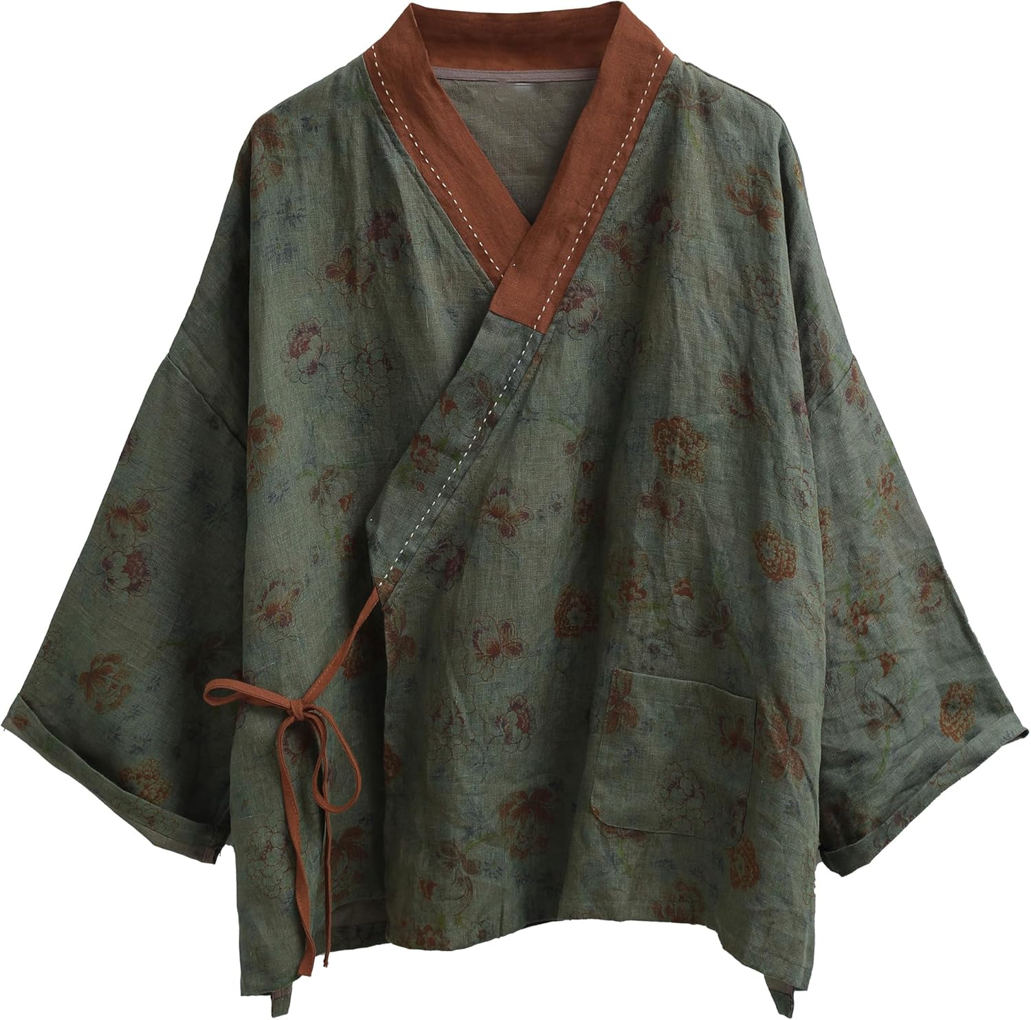 Women's Printed 100% linen Kimono Style Long Sleeve Loose Fit Jacket Cardigan with Tie Belt and Wrap Front Design