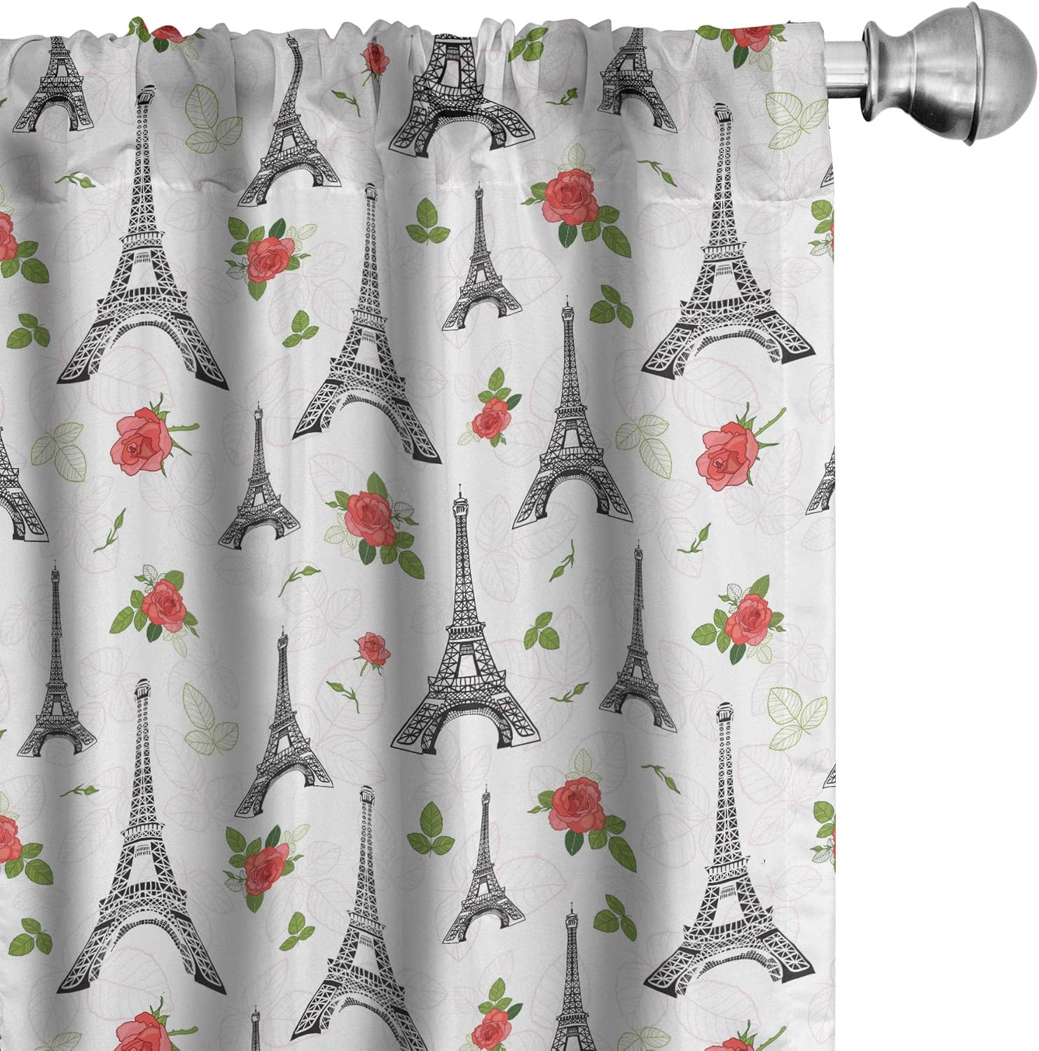 Ambesonne Eiffel Tower Window Curtains, Repetitive Romantic Pattern with Parisian Landmark Building and Rose Flowers, Lightweight Decor 2-Panel Set with Rod Pocket, Pair of - 28" x 95", Charcoal