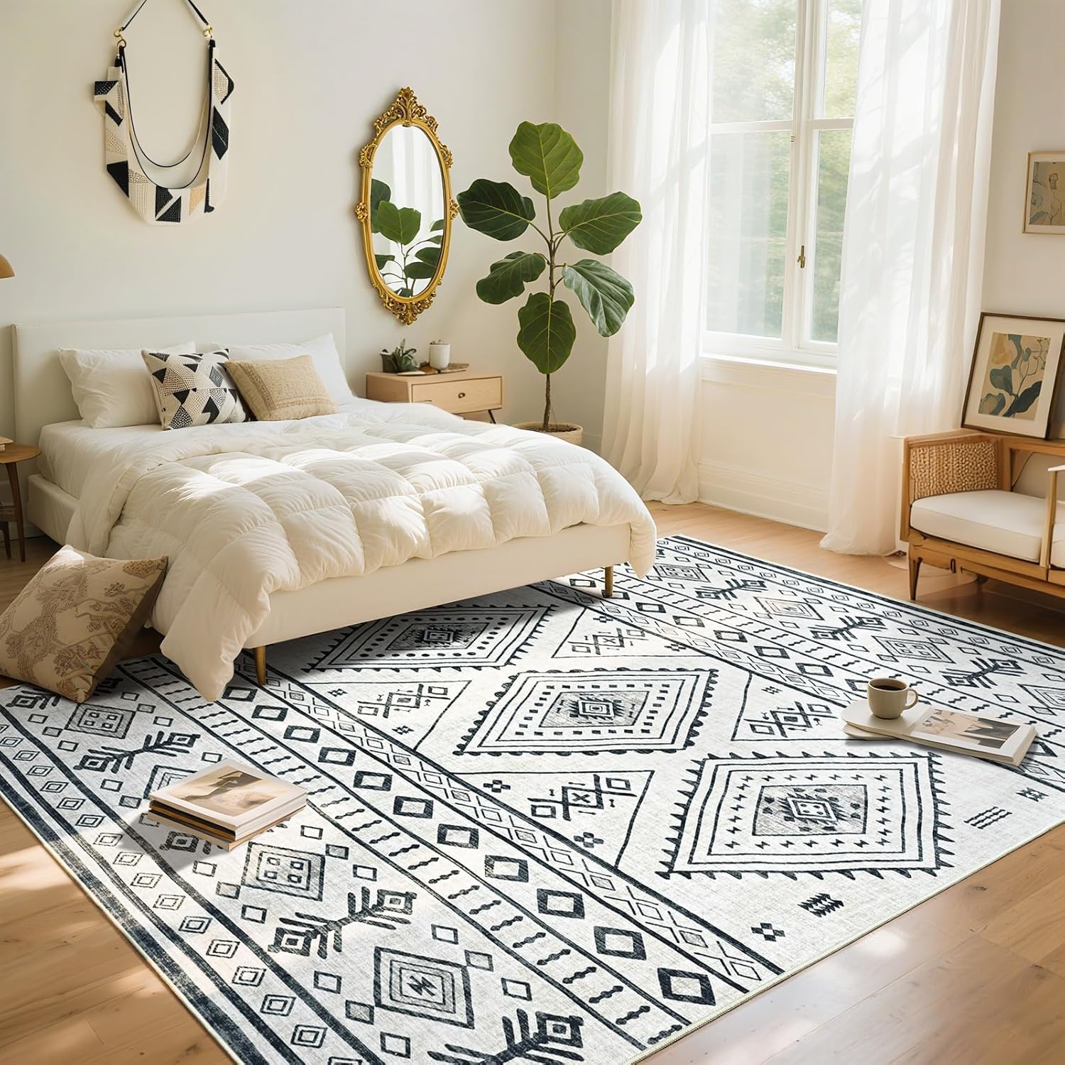 Tappeto Salotto Grandi 160 x 230 cm Tappeto Corridoio Antiscivolo Morbido Pelo Corto Tappeti per cucina Pranzo Soggiorno Camera da Letto Modern Geometric White Black Beige Green Gold