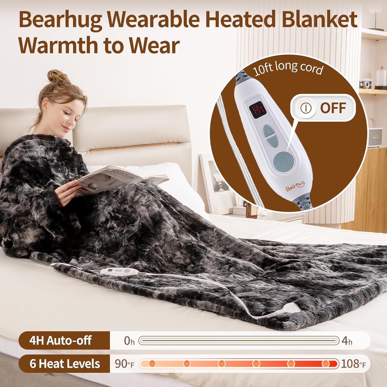 Bearhug Wearable Heated Blanket with Foot Pockets & Sleeves 50" x 70"+18" - Faux Fur & Sherpa, Heated Snuggle Blanket for Bed & Sofa, 6 Heating Levels, 4H Auto-Off, ETL Certified, Machine Washable