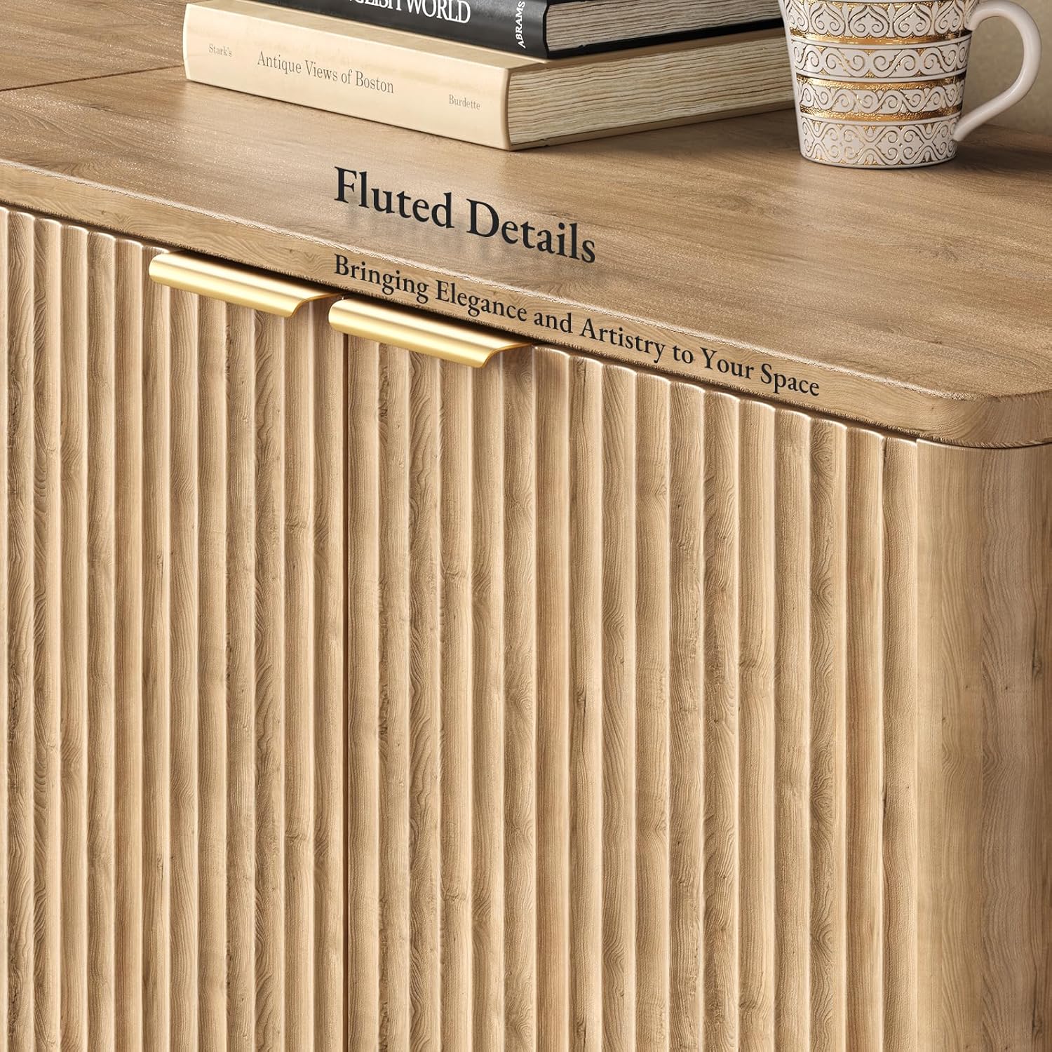 Evermagin 63" Oak Buffet Cabinet with Storage, Large Sideboard Cabinet, Boho Accent Credenza, Fluted Console Table with Doors for Dining Room, Kitchen, and Living Room