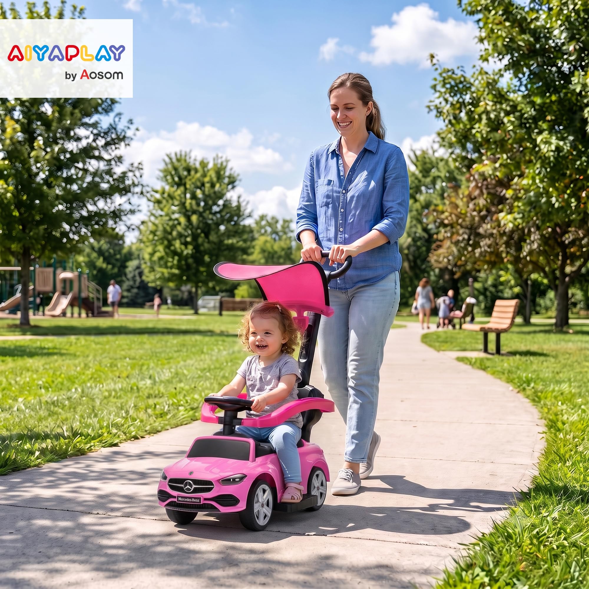 AIYAPLAY Pchacz-jeździk 3 w 1 Mercedes-Benz, z rączką do prowadzenia, daszkiem, barierkami, klaksonem i muzyką, schowek, 12-36 miesięcy, różowy