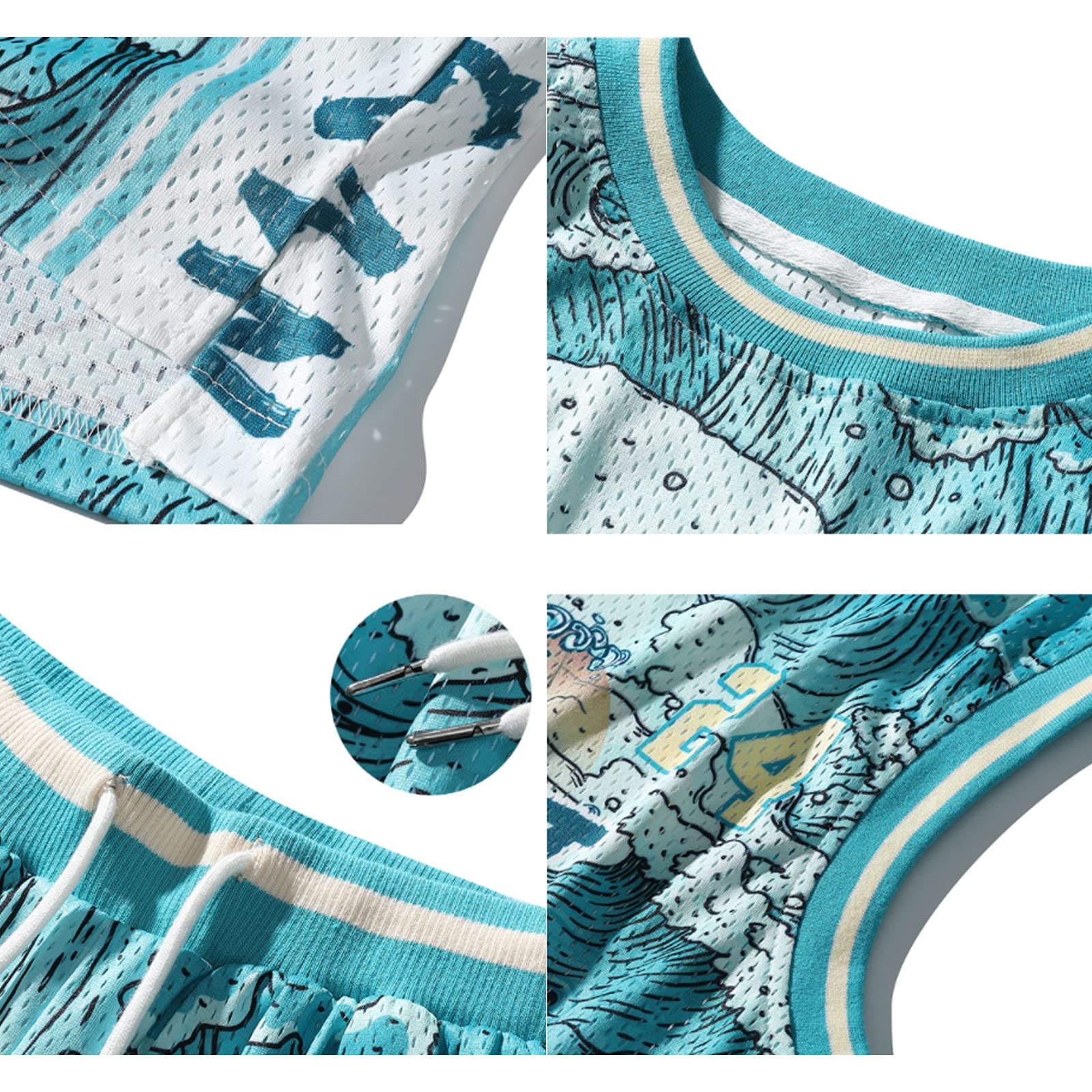 Camisetas de Baloncesto Chaleco y Pantalones Cortos 24# Estampado de Olas Uniforme Deportivo Informal para Hombres/Fútbol Callejero Juvenil