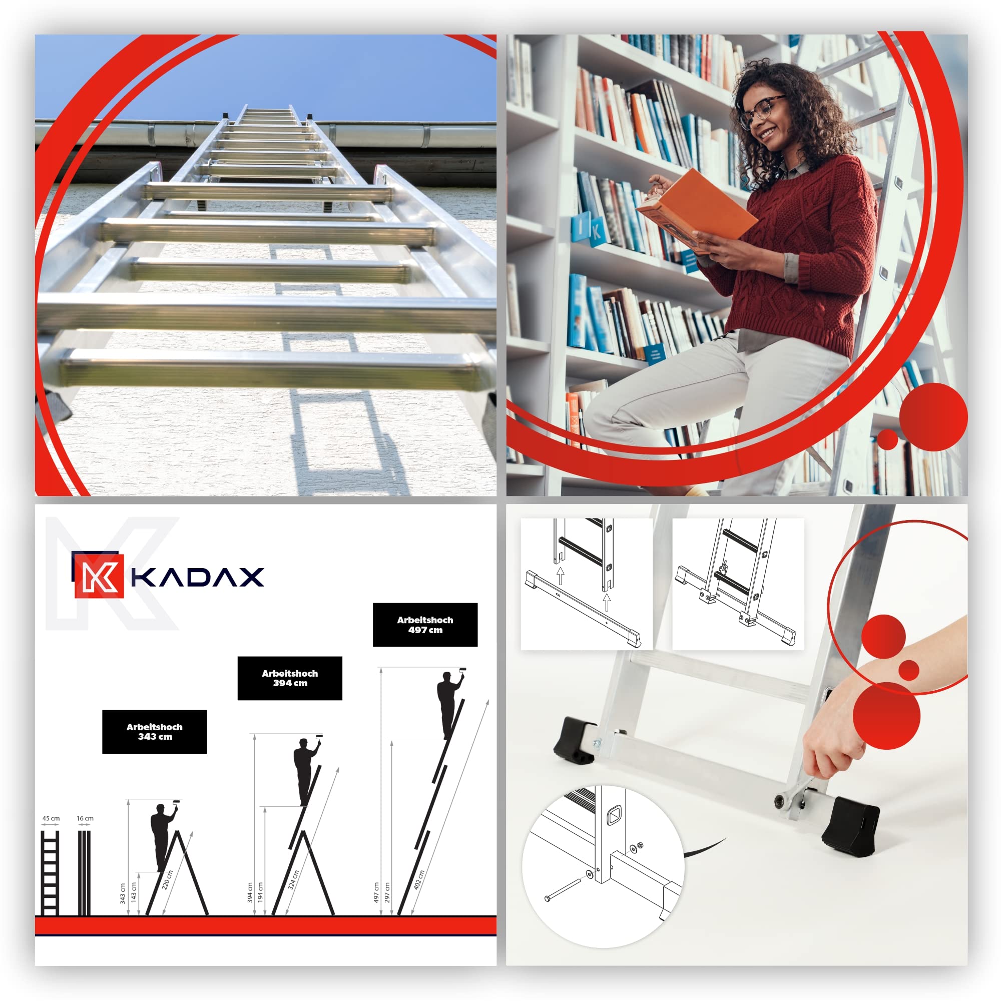 KADAX Drabina aluminiowa 4‑stopniowa, udźwig do 125 kg, składana z półką na narzędzia, antypoślizgowe stopnie i nóżki, stabilna do prac domowych i warsztatowych