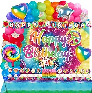 110 PCs Tie Dye Birthday Decorations, Fiesec Tie Dye Party Decorations Backdrop Balloon Garland Arch Banner Tablecloth Cake Cupcake Topper Rainbow Colorful Tie Dye Party Decorations