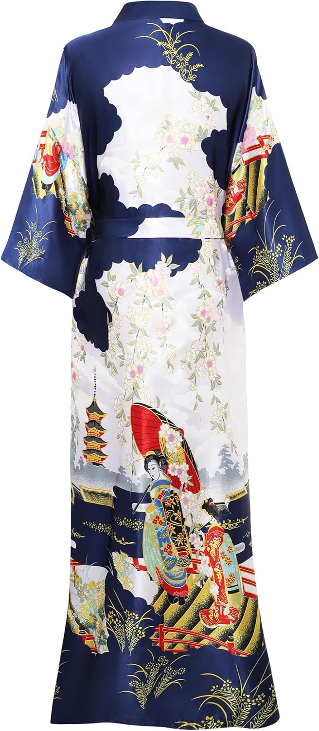 PRODESIGN Kimono Robe for Women - Long Satin Sleepwear Silky Kimono Cover-Up Nightgown Japanese Bathrobe Loungewear Blouse - Image 2