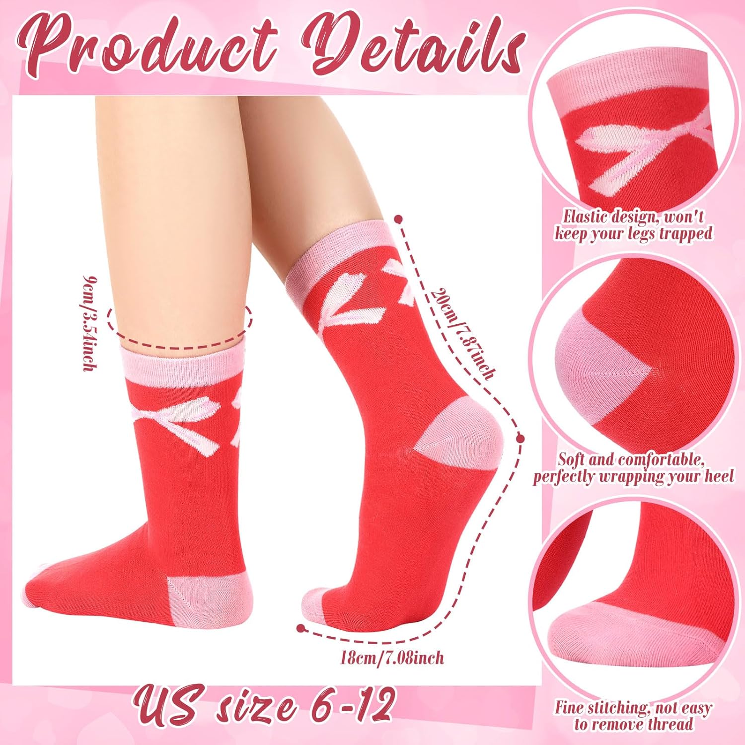 6 Pairs Pink Bow Socks for Women Cute Coquette Crew Socks Women Novelty Gifts Coquette Party Favors for Sister Friend Teacher Mother Nurse Novelty Stocking Us Size 6-12 - Image 4