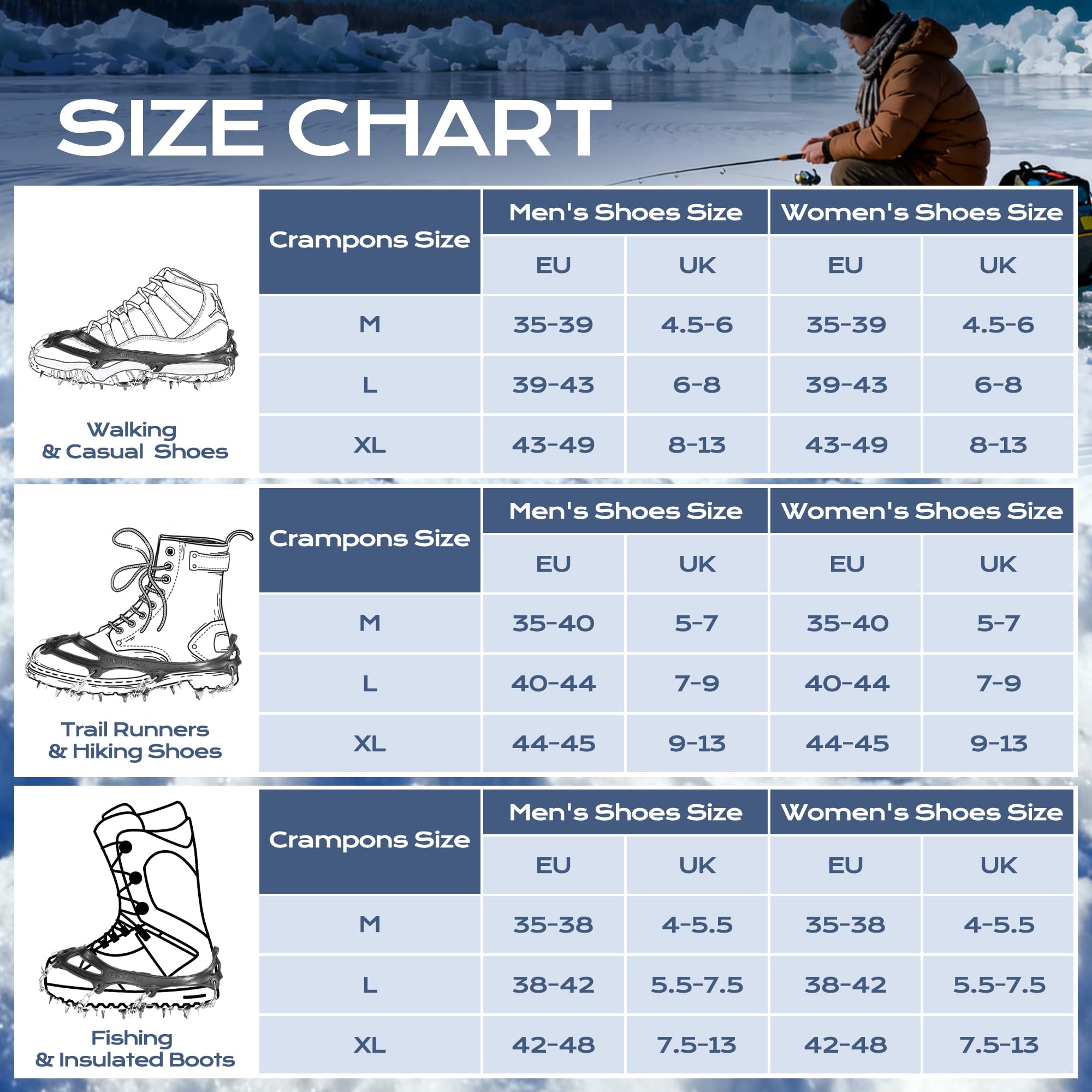 Chumix Ramponi per Scarponi, 26 Denti 201 Catene in Acciaio Inossidabile Portatile Ramponcini, Leggeri Ramponi da Ghiaccio Protezione Sicura, per Camminare, Jogging, Pesca, Camp