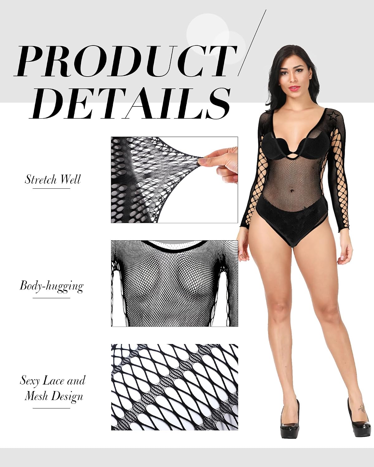 Tisancy 12 Pcs Women Fishnet Lingerie Dress Sexy Mesh Teddy Bodysuit Black Lace Chemise for Costume, Party Outfit, Club Wear