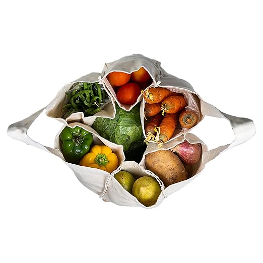 AQVA Blu Cotton Canvas Reusable Vegetable Bag/Grocery Bag/Carry Bag/Shopping Bag with 6 pockets for organised Storage