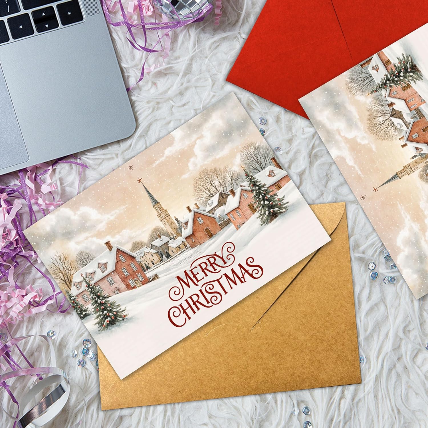 Merry Christmas Card with Church Village Winter Scene from Family or Friends, Traditional Holiday Greeting Card 8x5.3 Inch With Envelope - Image 4