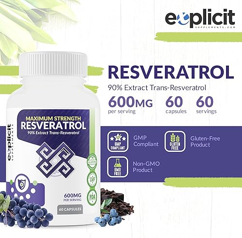Miniatura 2 de Suplemento de resveratrol totalmente natural y puro, fuerza máxima de 1200 mg al día, 90% de extracto de trans resveratrol - 1 mes de suministro