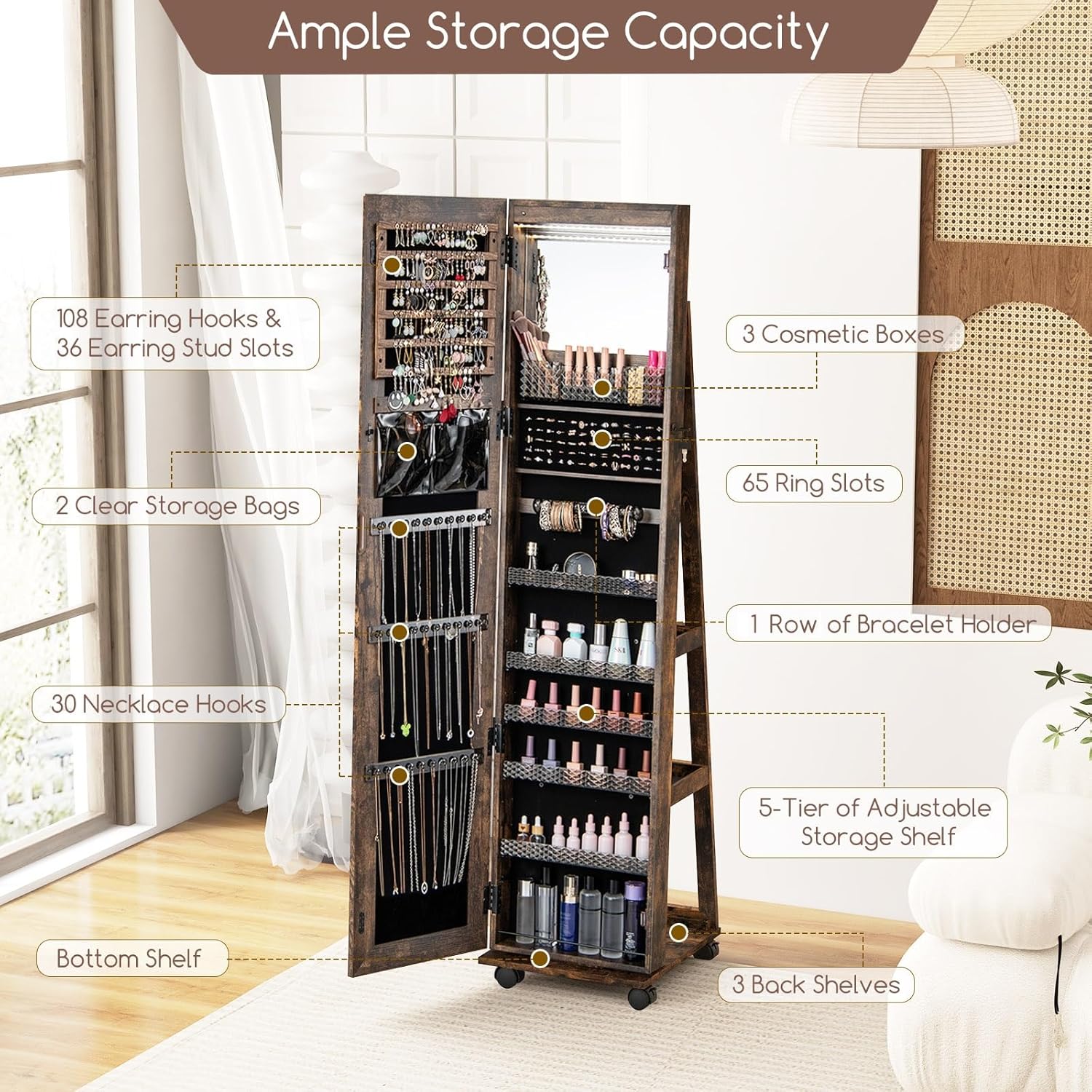GOFLAME Jewelry Cabinet with Full Length Mirror, Lockable Jewelry Storage Organizer with Wheels, 3-Color LED Lights, Inner Mirror, Freestanding Jewelry Armoire with Rear Storage Shelves, Rustic Brown - Image 3