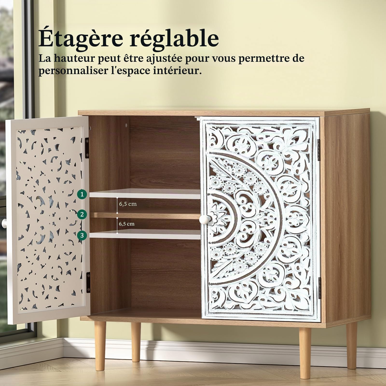 Buffet Bois Sculpté, Meuble de Rangement Cuisine Bas, Meuble Bas avec Pieds en Bois Massif, Étagères Réglables, Armoire de Rangement pour Salon, Cuisine, Chambre, Blanc