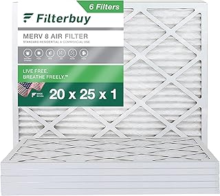 Filterbuy 20x25x1 Air Filter MERV 8 Dust Defense (6-Pack), Pleated HVAC AC Furnace Air Filters Replacement (Actual Size: 19.50 x 24.50 x 0.75 Inches)
