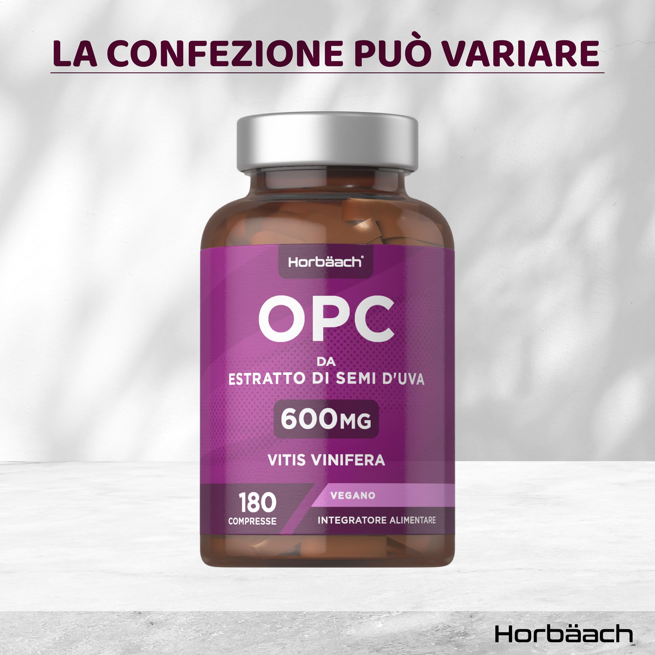 OPC Integratore | 180 Compresse Vegane | Proantocianidina Oligomerica 95% | 600mg di OPC Estratto di Semi d'Uva | Alto Dosaggio | Grapeseed Extract | di Horbaach