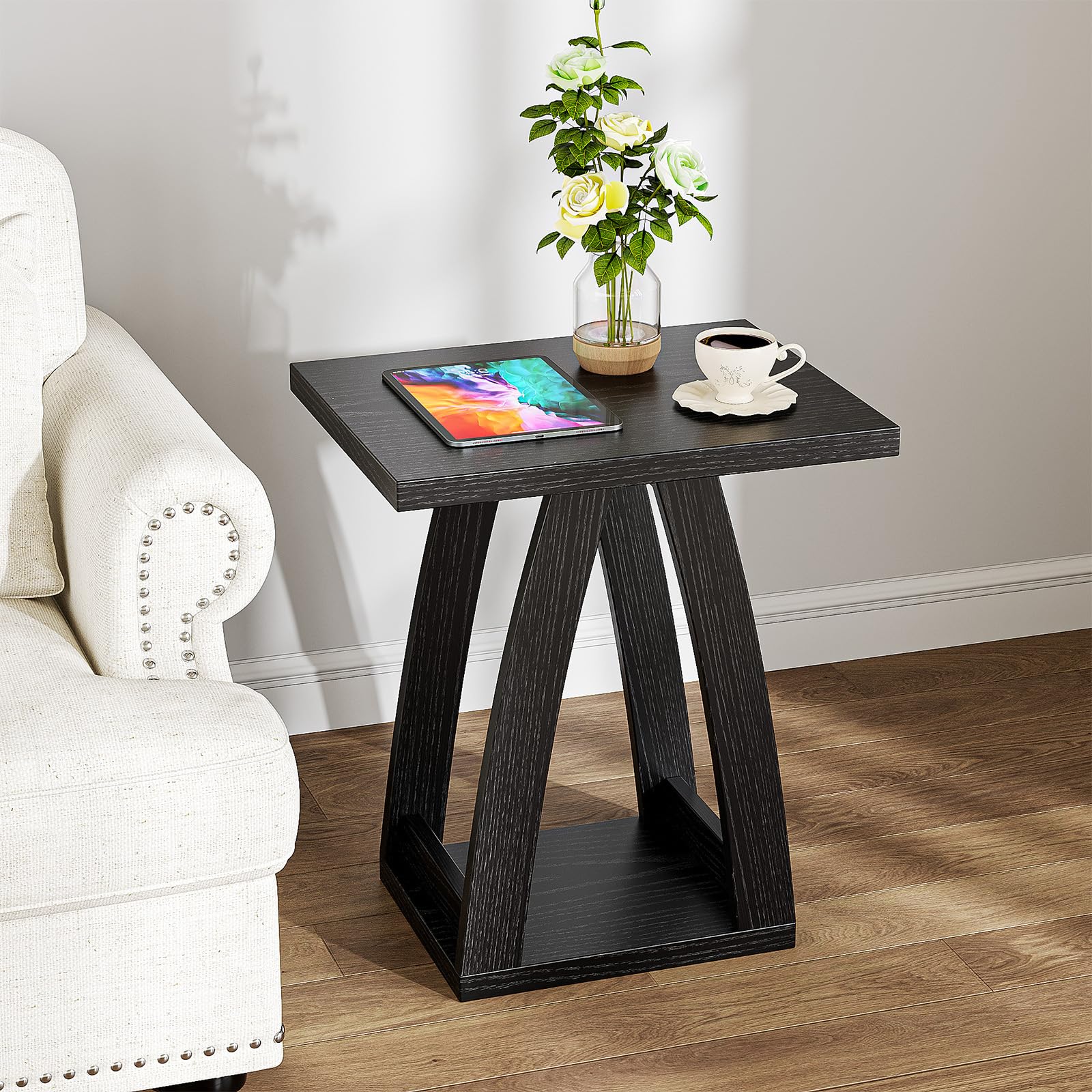FJTFORME End Tables Living Room. Side Table Beside Sofa. Modern End Table for Living Room. Couch Side Table with Shelf. Black Wood Side Tables